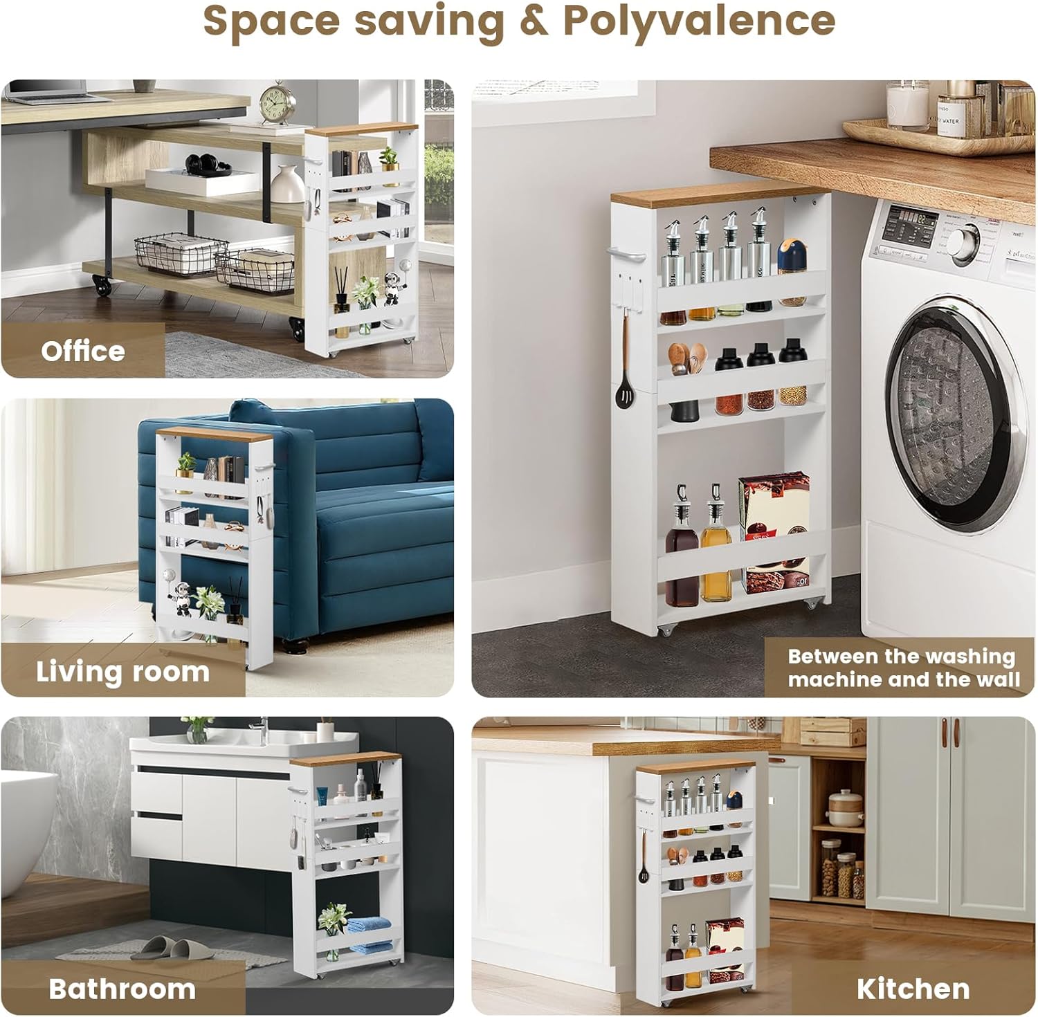 Desserte à roulettes - 4 niveaux, 40x15x80 cm, chêne clair & blanc, poignée et roulettes