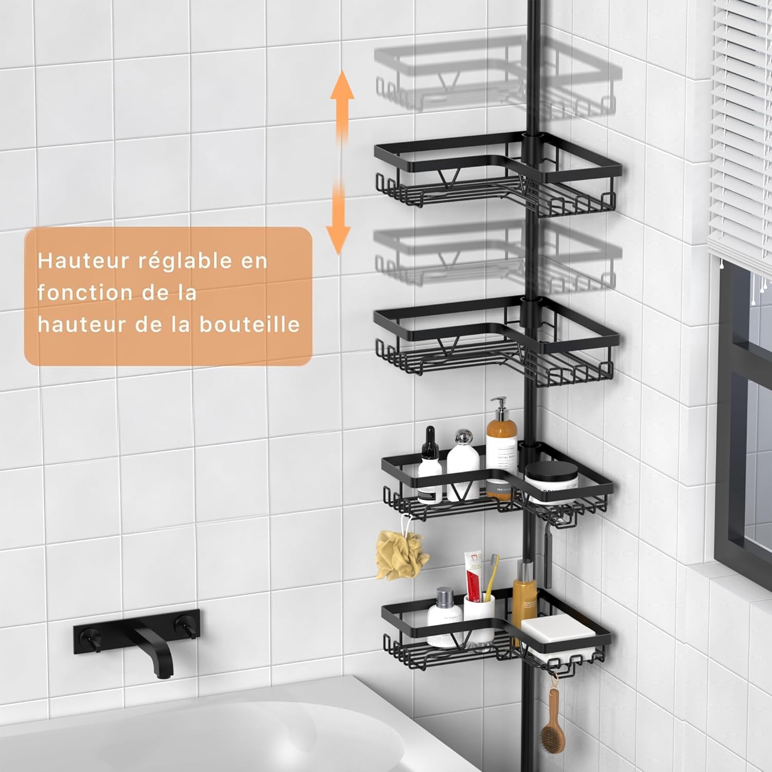 Kegii - étagère douche télescopique, 4 paniers réglables, noir