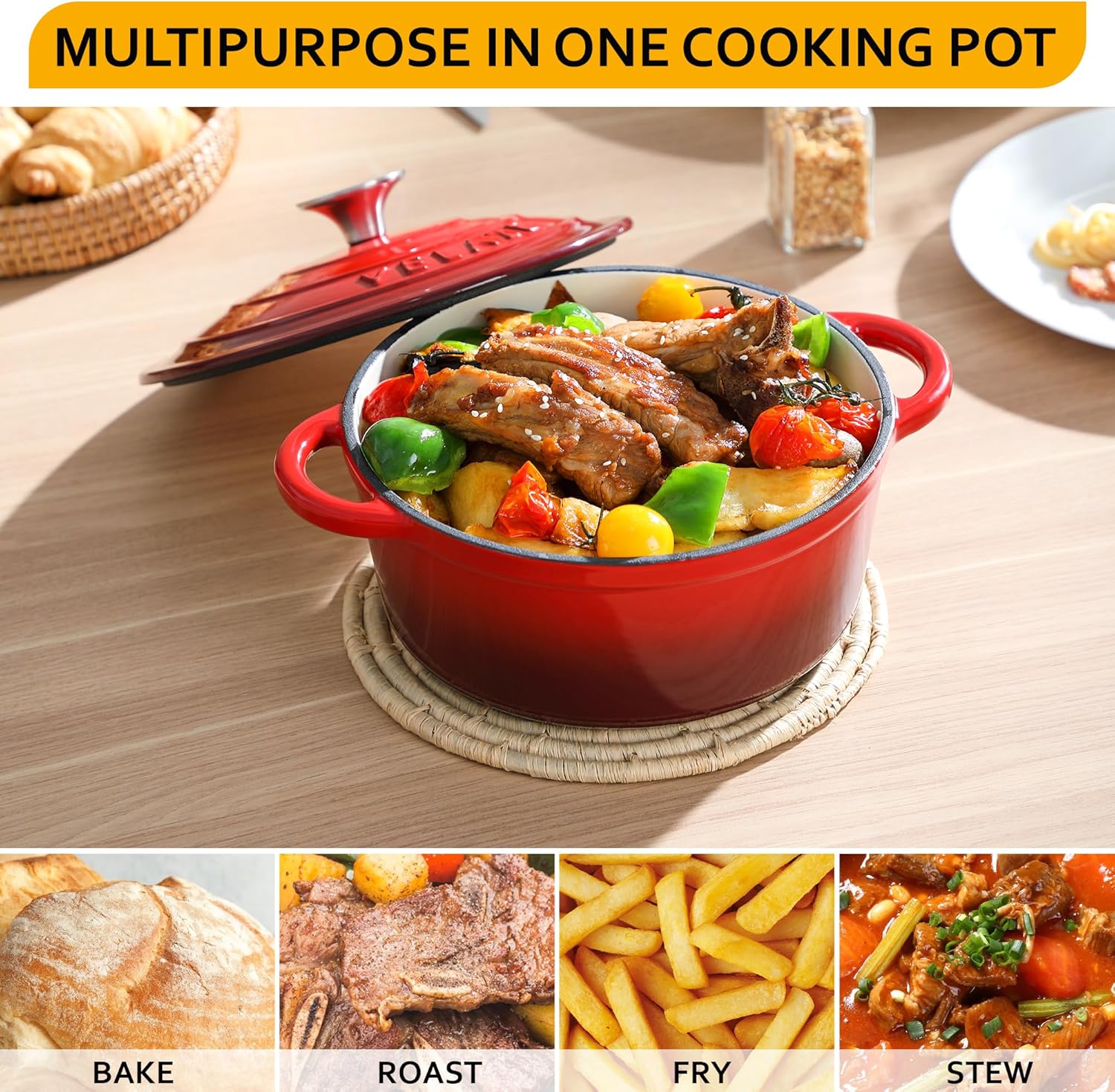 Velaze - Cocotte en fonte émaillée 20cm - 2L, induction, antiadhésif