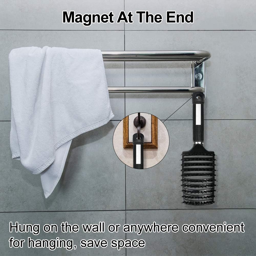 URAQT - Brosse à cheveux incurvée - poils de sanglier, séchage rapide, massage, démêlante - noire