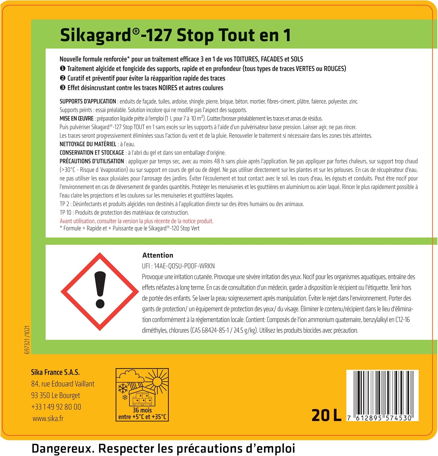 Sika - Sikagard 127 Stop Tout en 1 - 20L - algicide, fongicide, prêt à l'emploi, façades et toiture - Sikagard127