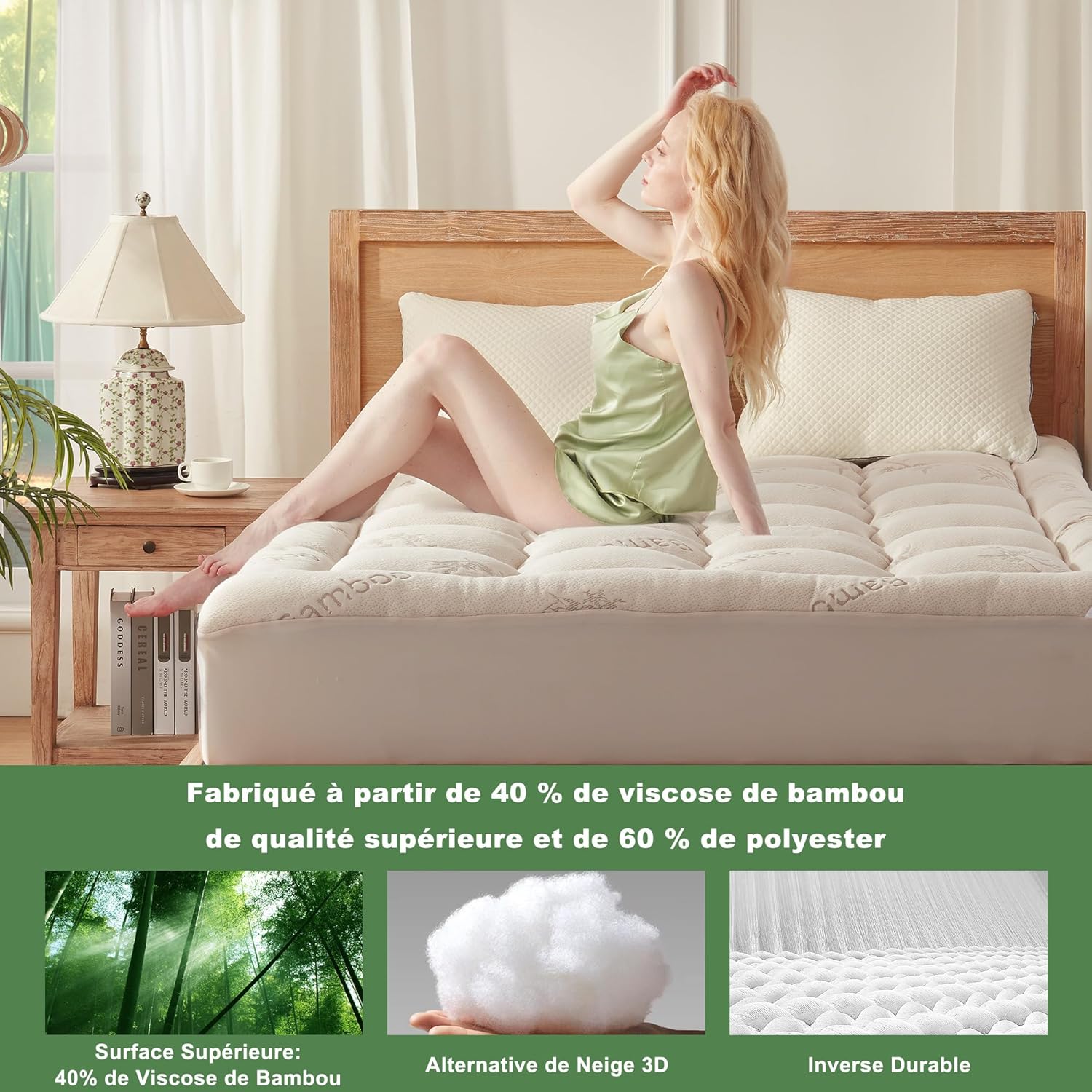BEDLORE - Surmatelas matelassé 90x200 cm, bambou, bonnet 30 cm, Oeko-Tex