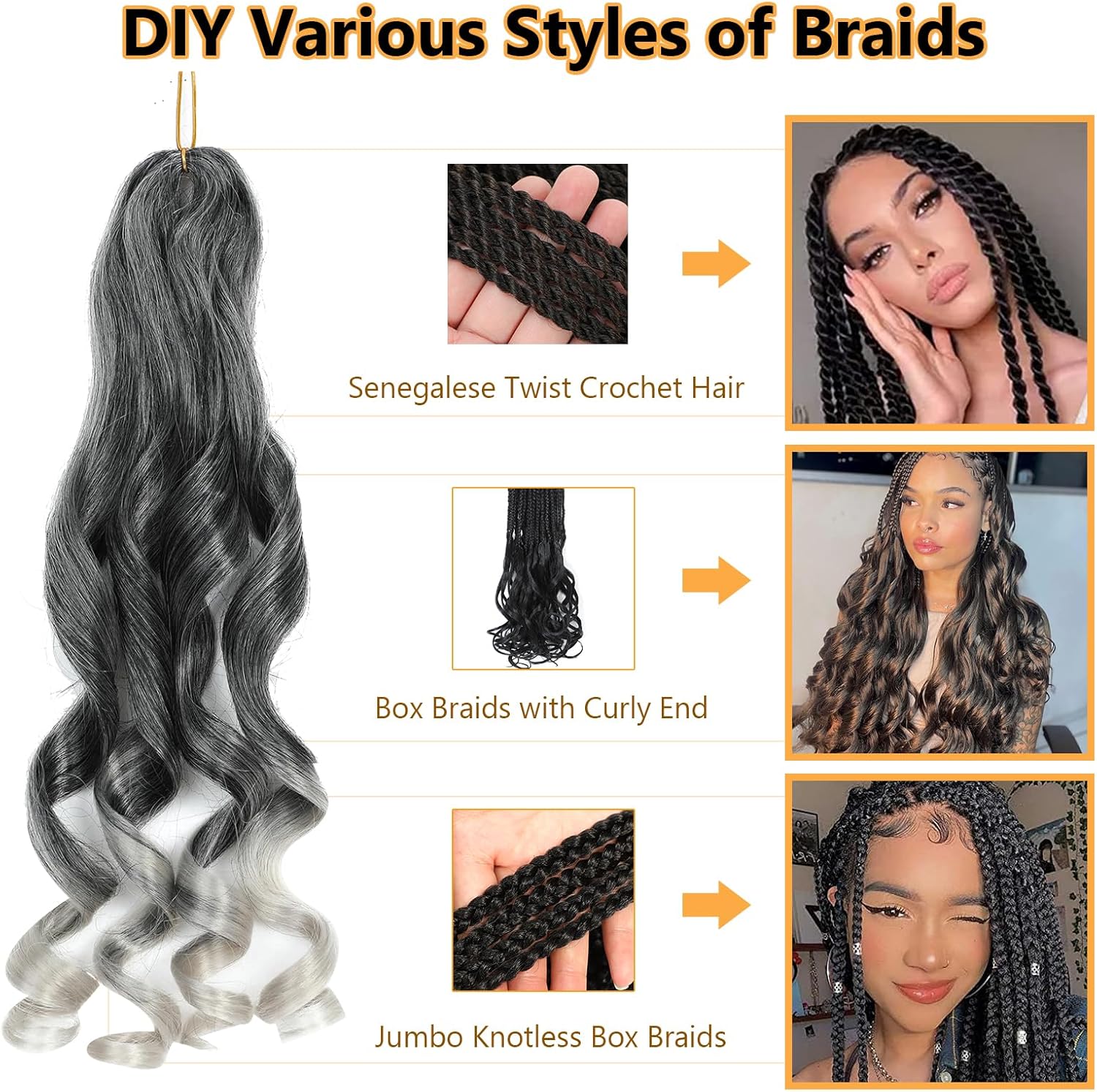 French Curl Braids - Tresses 56cm - 8 paquets, boucles 1B/Silver