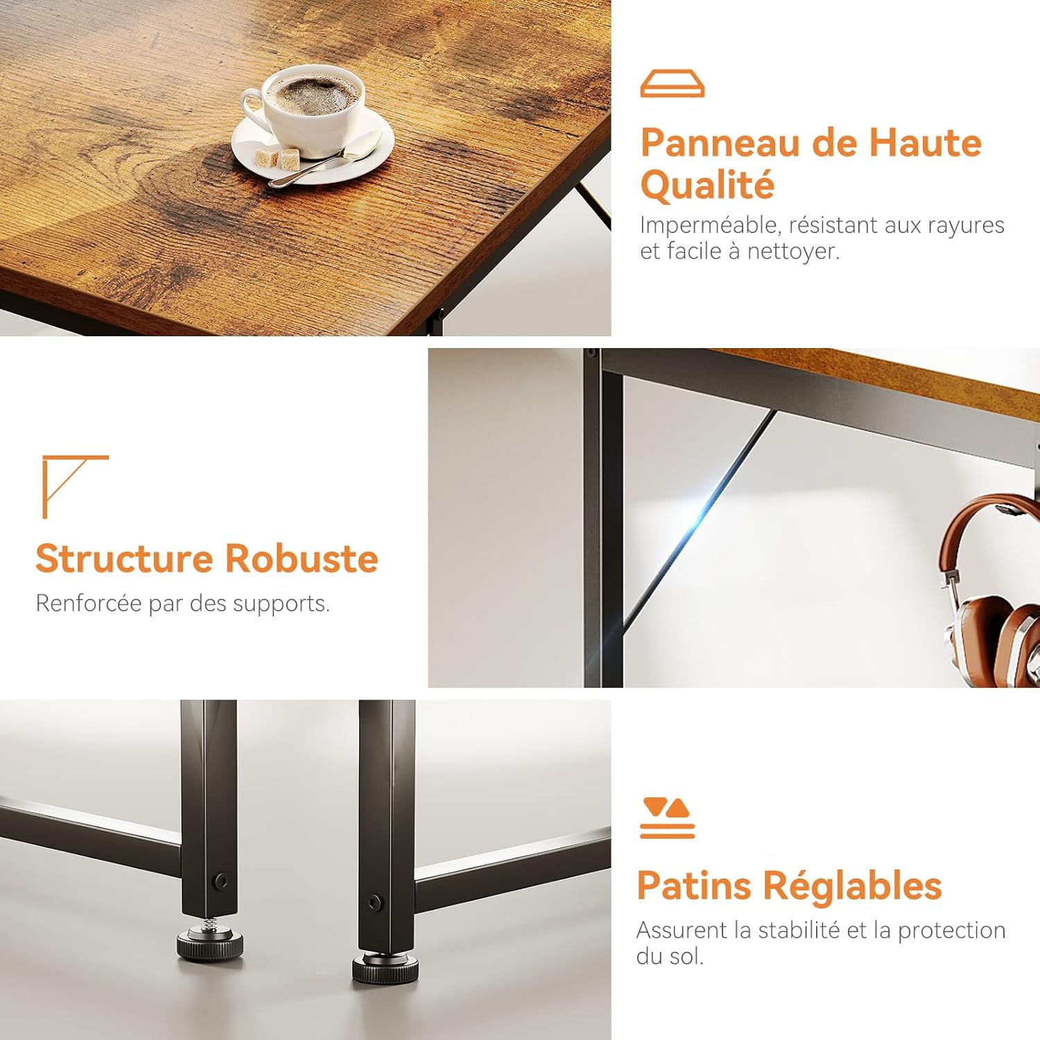 Coleshome - Bureau 3 tiroirs tissu - 120x48cm - réversible, porte-casque