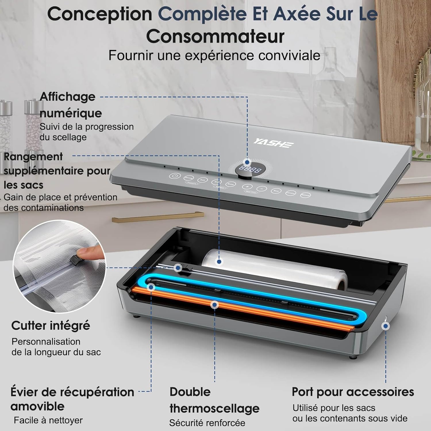 YASHE - Machine sous vide 10-en-1, double pompe, rouleau intégré, 80KPA