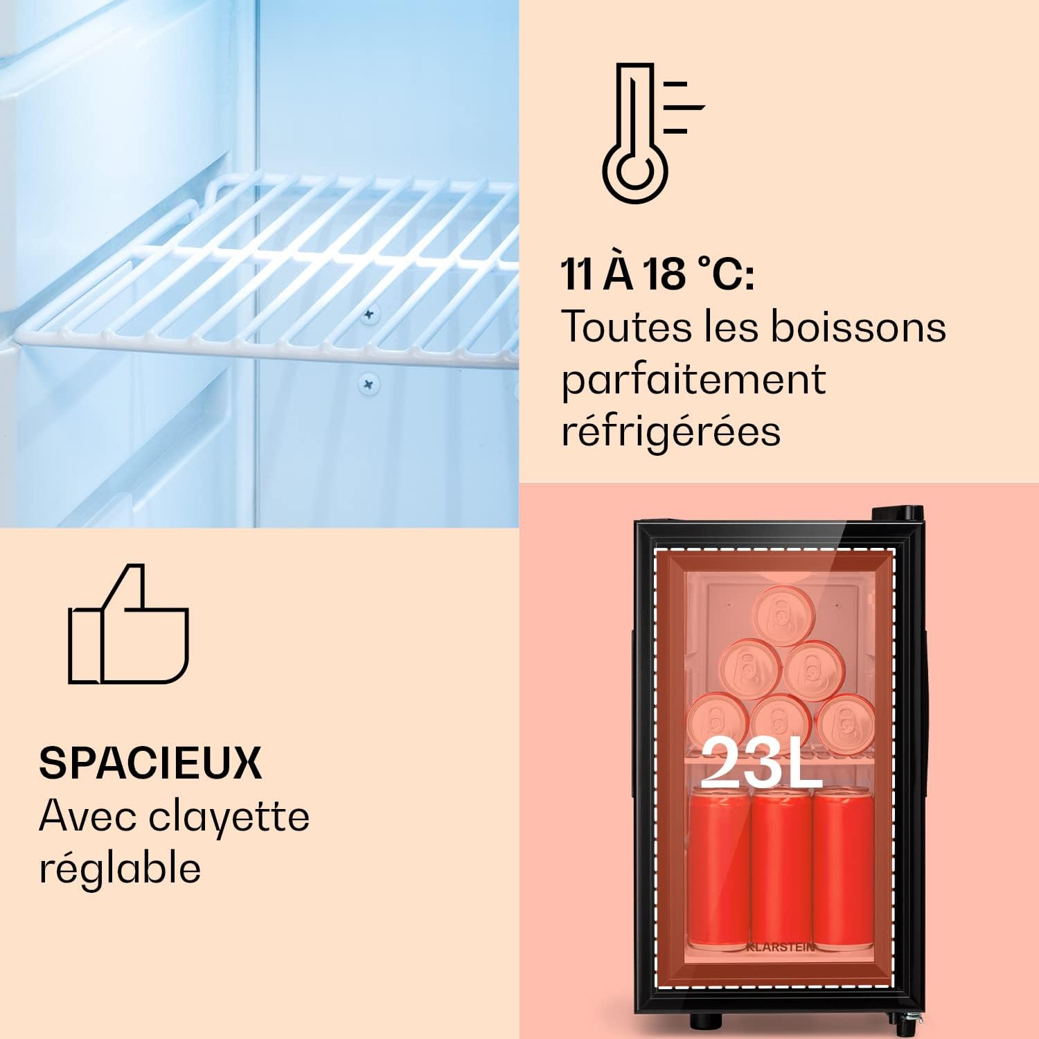 Klarstein - mini frigo 23L - étagères réglables, 5-18°C, silencieux