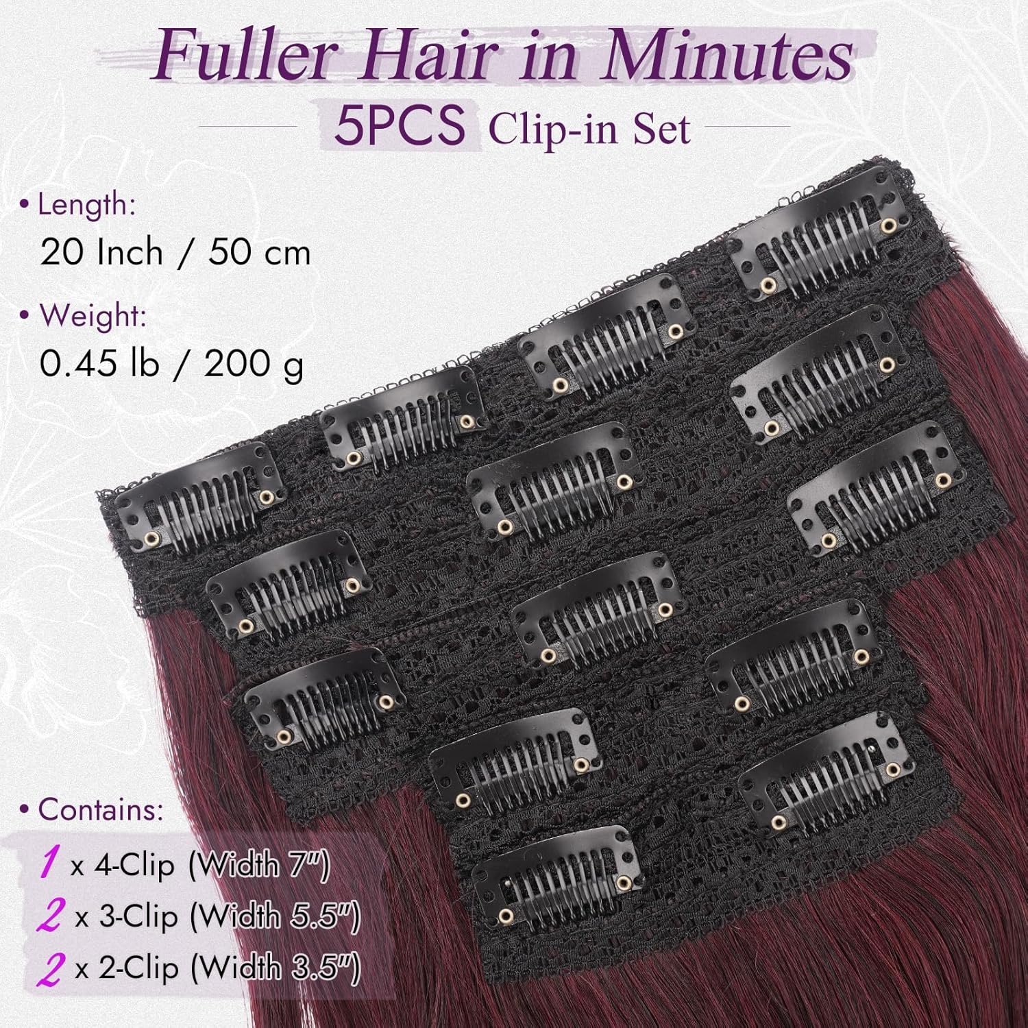 BARSDAR - extensions à clip ondulées 50cm - rouge bourgogne mixte