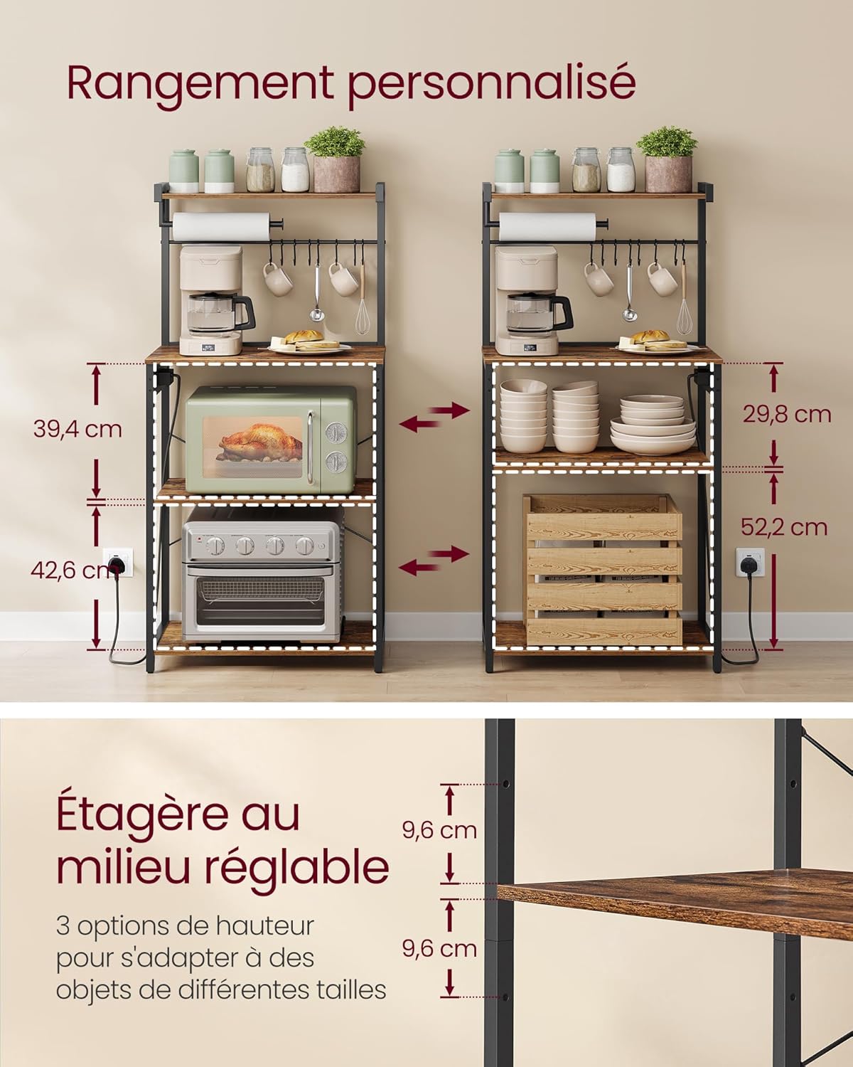 VASAGLE - étagère cuisine 4 niveaux, multiprise, 40x60x140 cm, KKS014K02