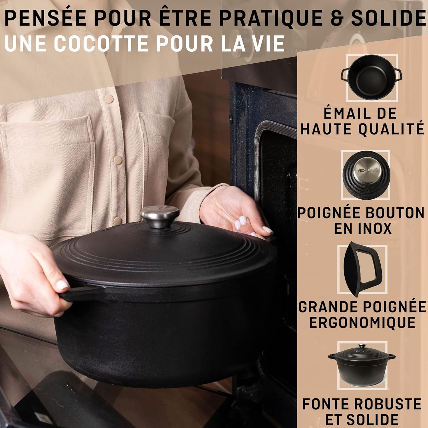 VeoHome - cocotte fonte émaillée - 28 cm 6L - induction, four, couvercle relief