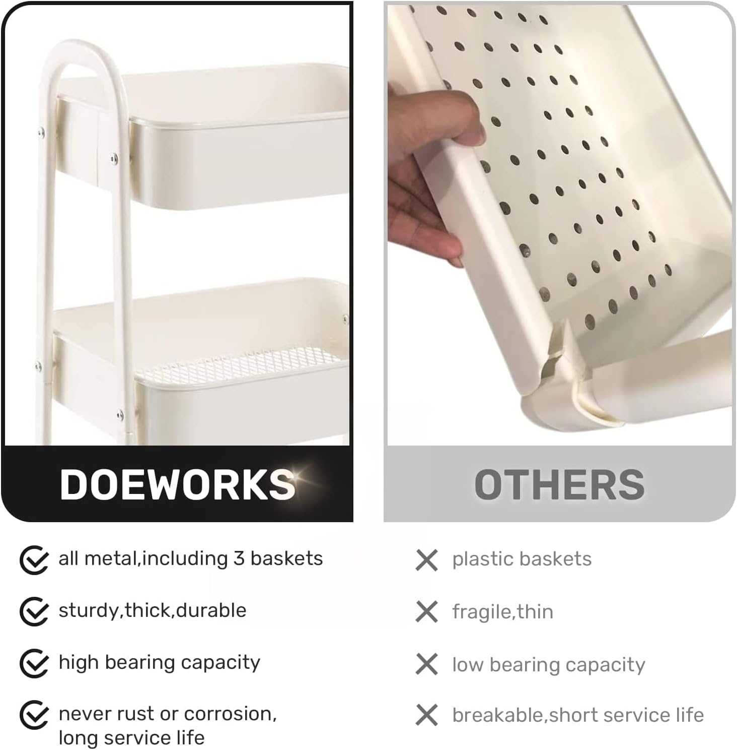 DOEWORKS - chariot de rangement 3 niveaux métal, tiroir, blanc