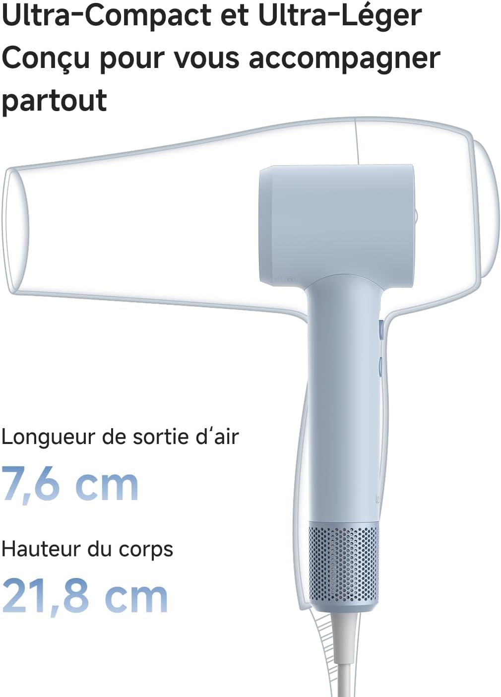 Laifen - Mini Sèche-cheveux bleu - 299g - ions négatifs, moteur brushless, séchage rapide, buse magnétique