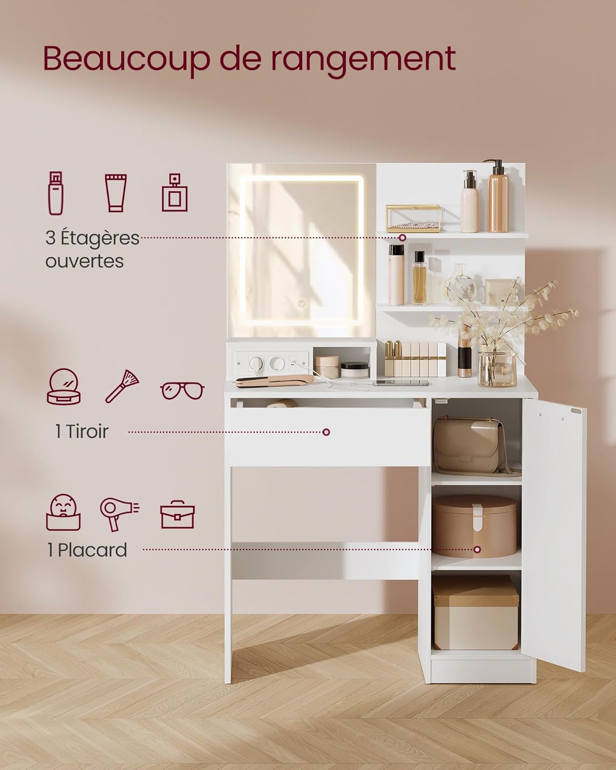 VASAGLE - Kailyn Collection - coiffeuse moderne LED, multiprise, 2 étagères, 1 tiroir, tabouret - RDT738W01