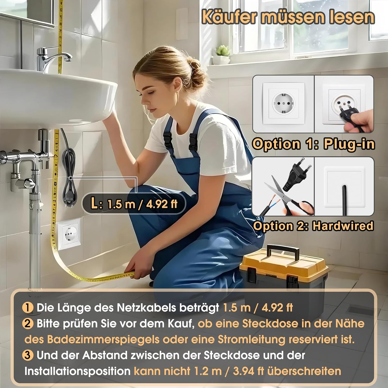 Miroir mural LED salle de bain, 60x45 cm, éclairage tactile, 3 couleurs