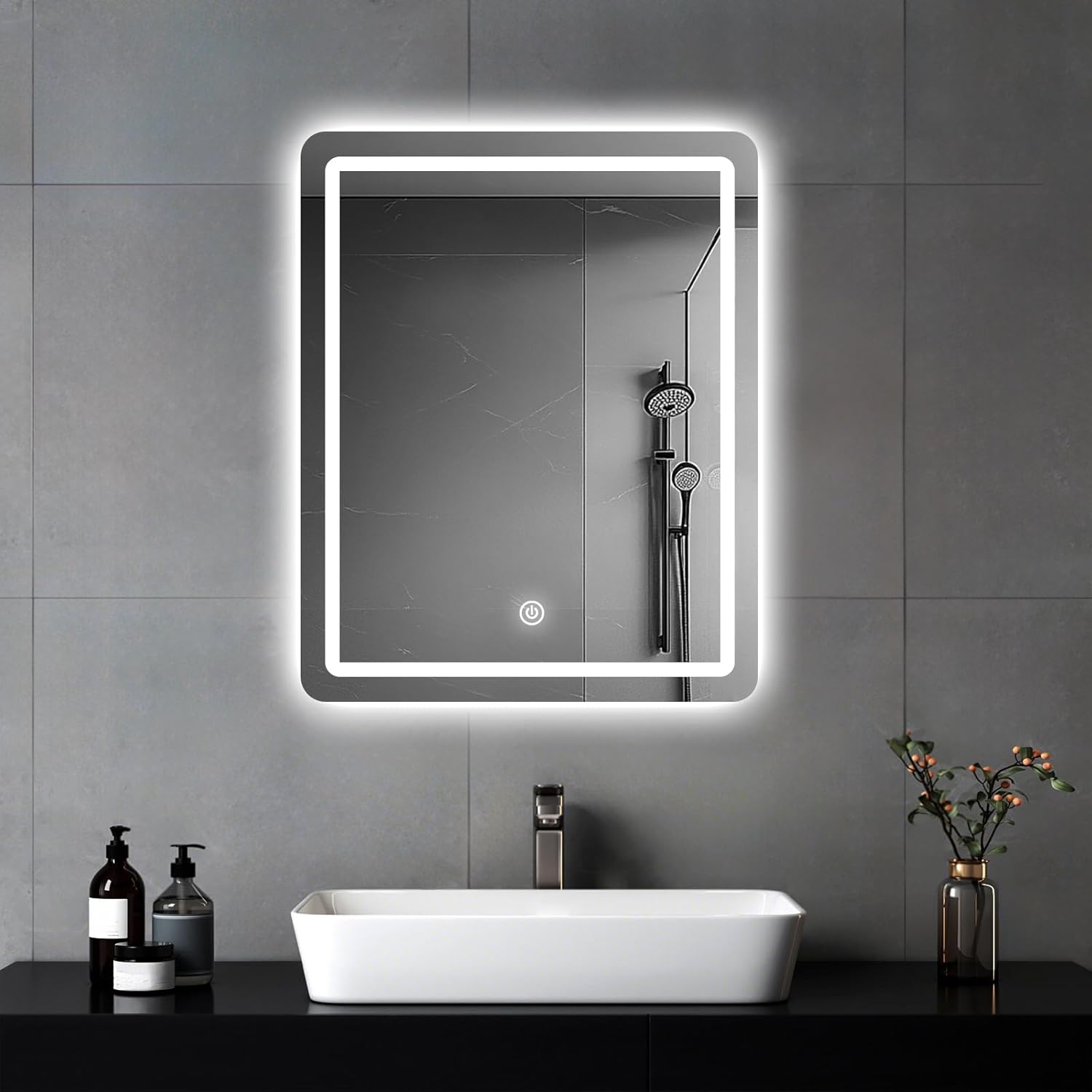 Miroir mural LED salle de bain, 60x45 cm, éclairage tactile, 3 couleurs
