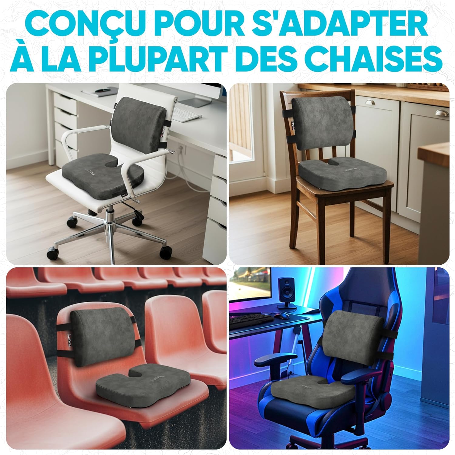 FORTEM - coussin lombaire/assise mémoire de forme - antidérapant - soutien prolongé dos, confort chaise et auto