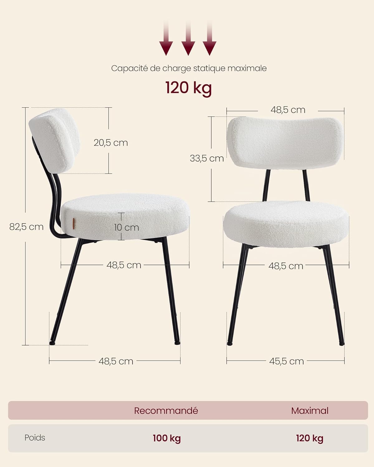 VASAGLE - Lot de 4 chaises modernes - acier, tissu peluche, dossier courbé, salle à manger, blanc crème - KDC110W14