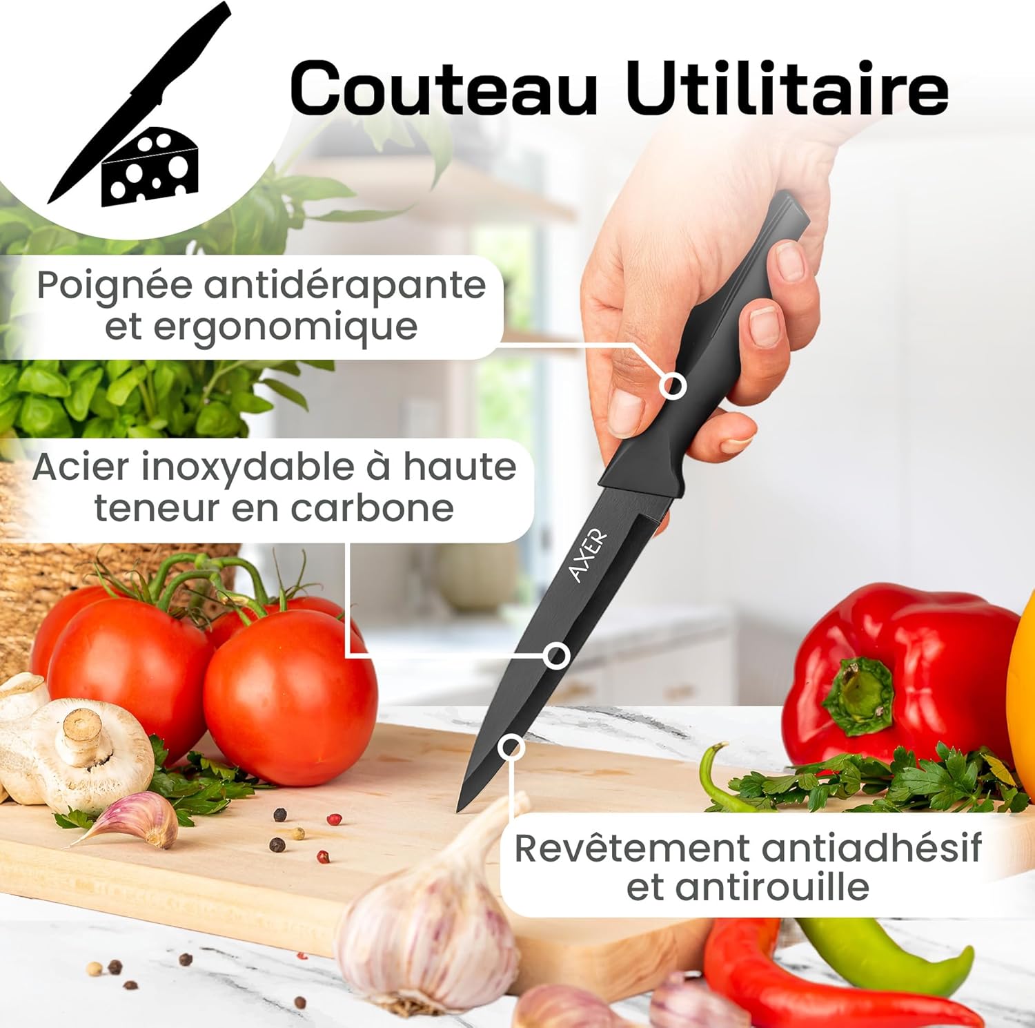 Axer - Couteau Professionnel 12 cm - lame polyvalente fruits, légumes, viande - Manche noir