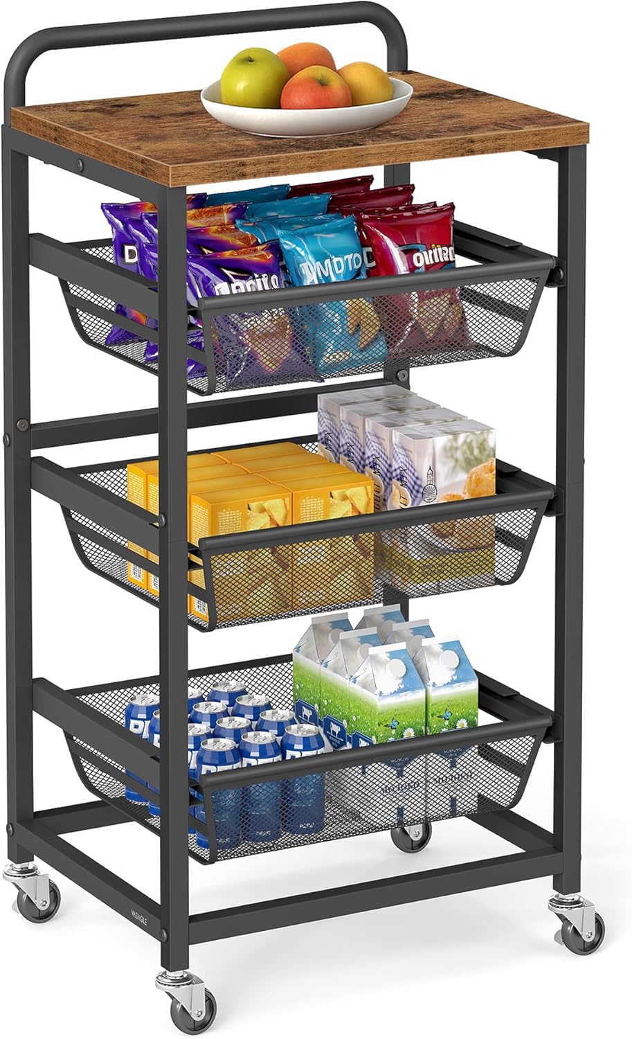 VASAGLE - Chariot de rangement 4 niveaux, paniers extractibles, 31,7x40x76cm, poignée, roulettes, LRC040K01