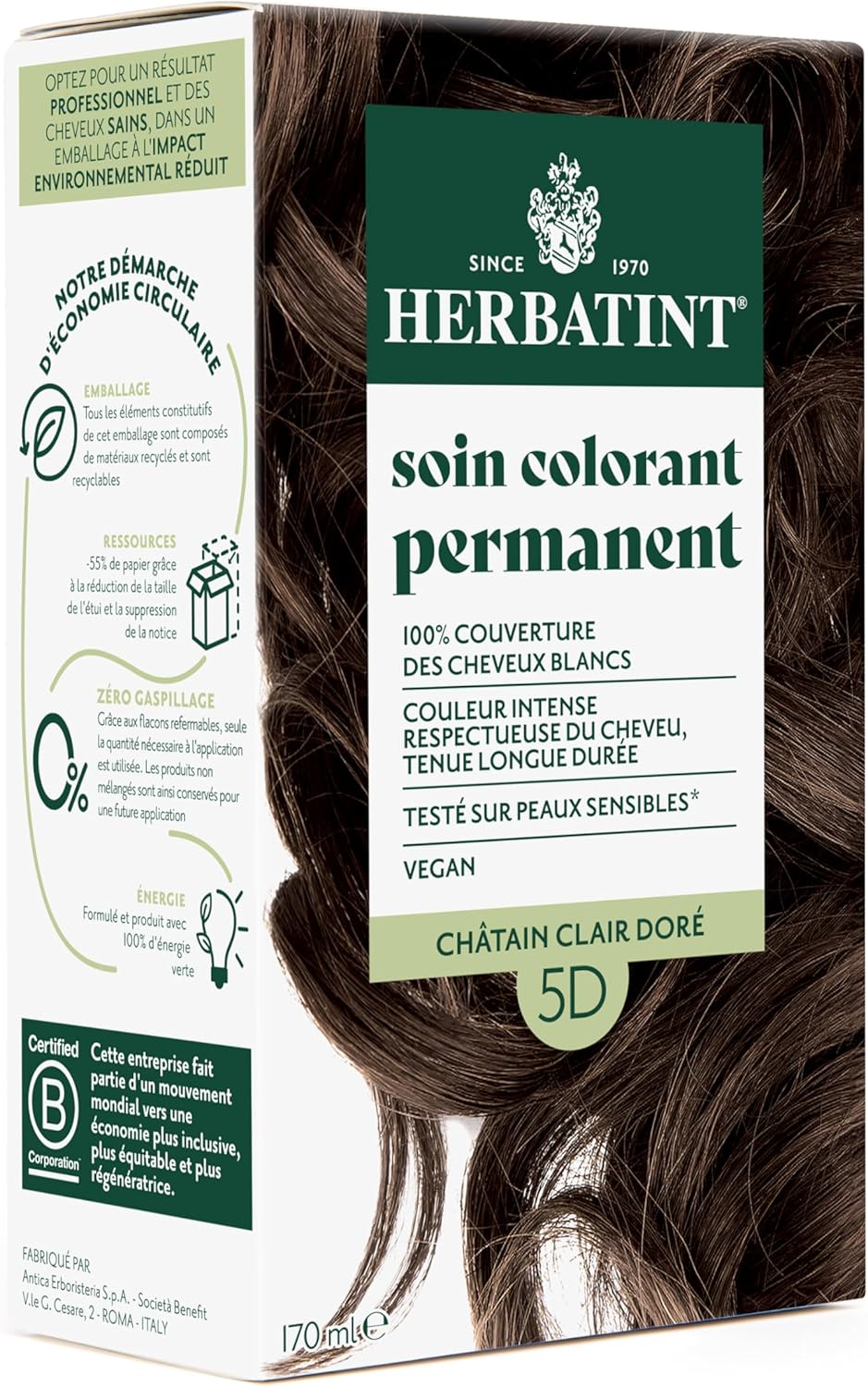 Herbatint - Soin Colorant Permanent 170ml - Châtain Clair Doré, sans ammoniaque, couvre les cheveux blancs, testé dermat