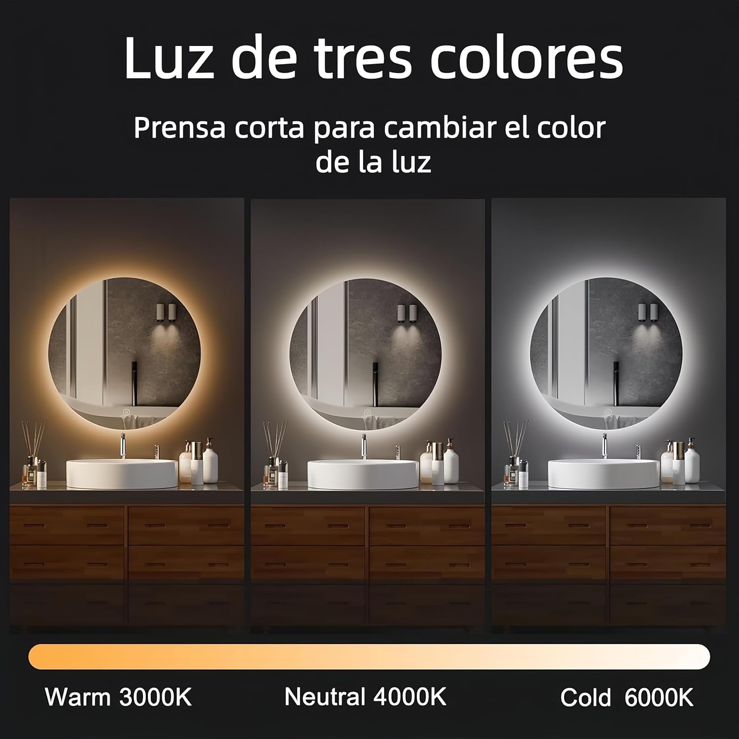 Miroir Salle de Bain - LED Rond 60cm - 3 couleurs, tactile, dimmable