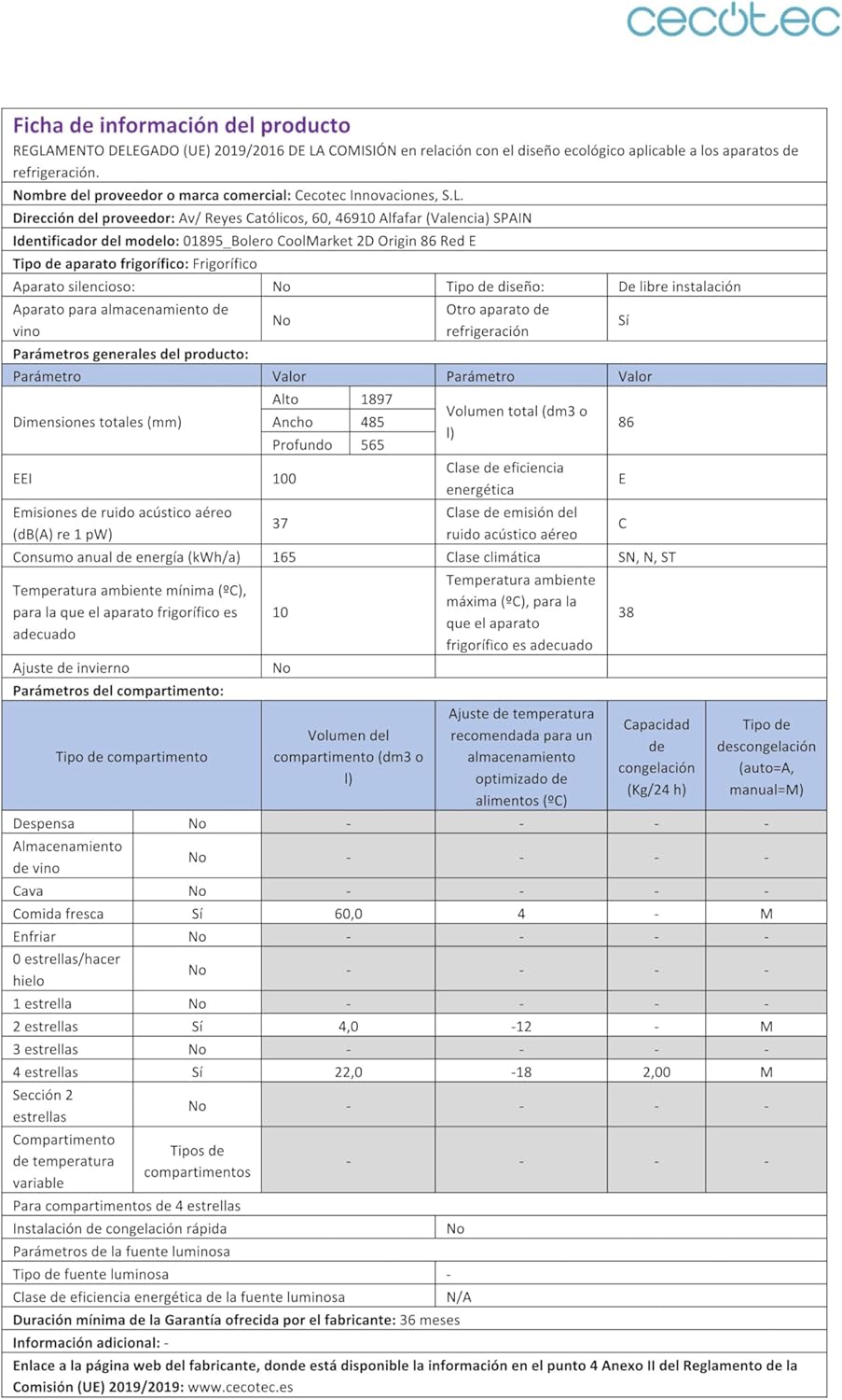 Cecotec - Bolero CoolMarket 2D Origin - 86L - No Frost, LED, classe E, Red, contrôle de température