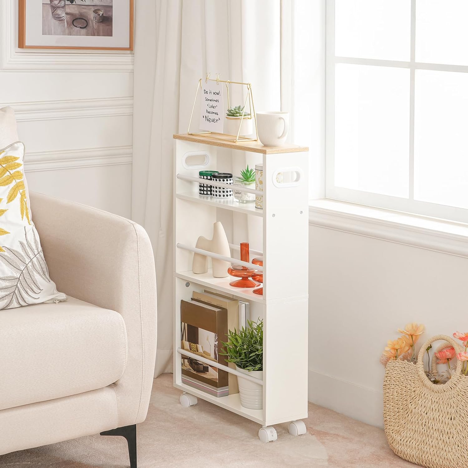 HOOBRO - desserte 4 niveaux, poignées, roulettes, blanc/bois, EWN15TC01