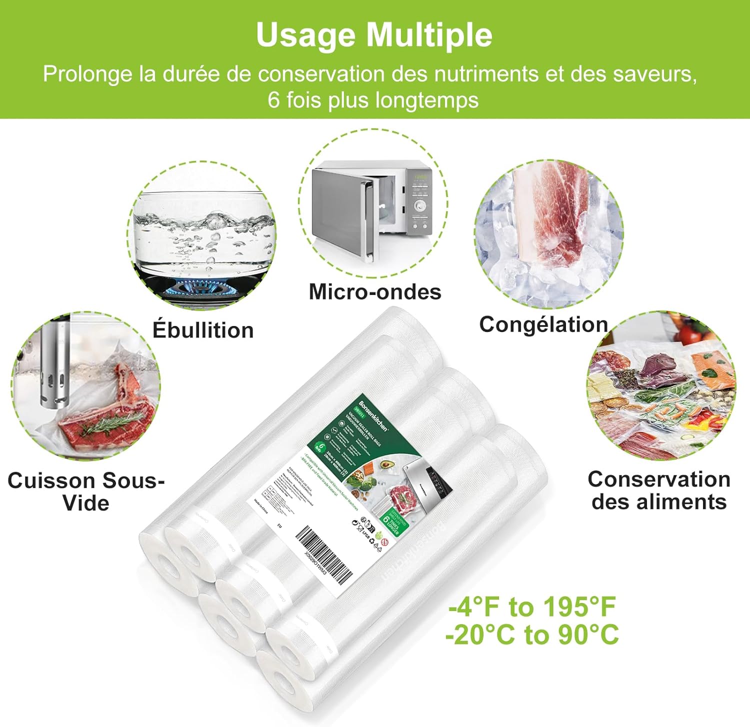 Bonsenkitchen - rouleaux sous vide alimentaire - 28x600cm et 20x600cm - sans BPA, lot de 6 - VB3211