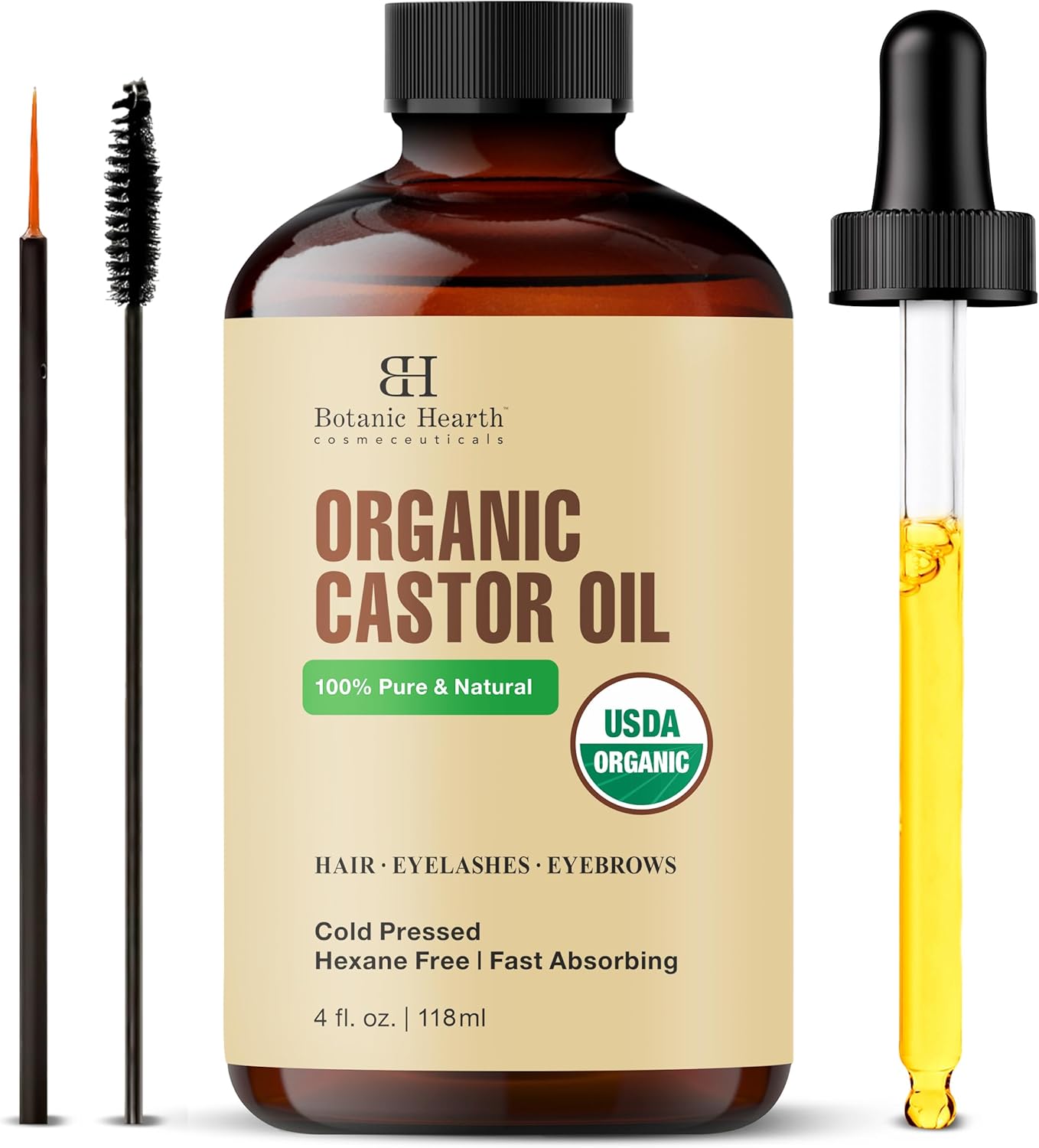 Botanic Hearth - huile de ricin bio - 118,3ml - 100% pure, pressée à froid, soin cils/sourcils/cheveux