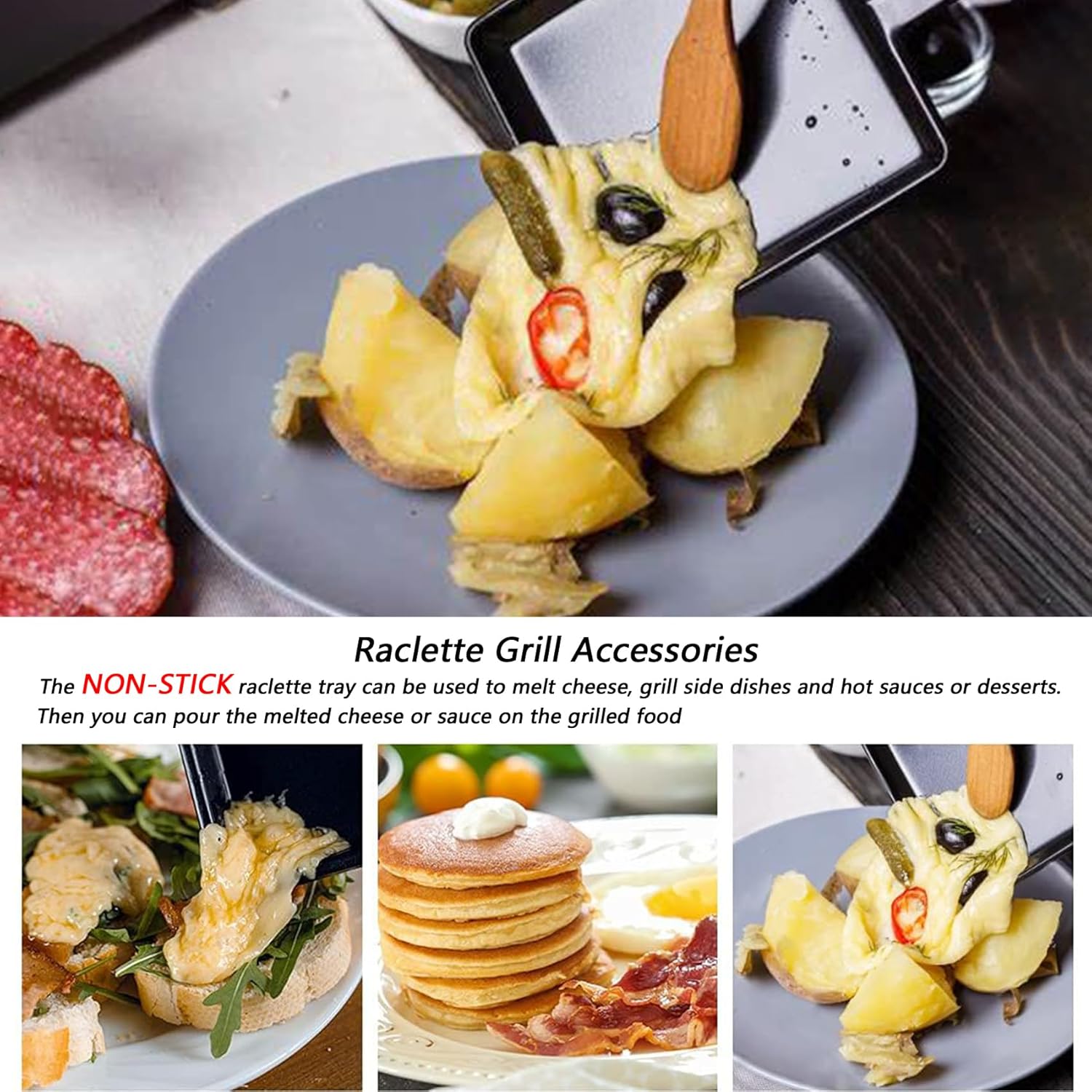 Poêlon à raclette triangulaire, antiadhésif, 18x10cm, 8 mini poêlons et 8 spatules bois