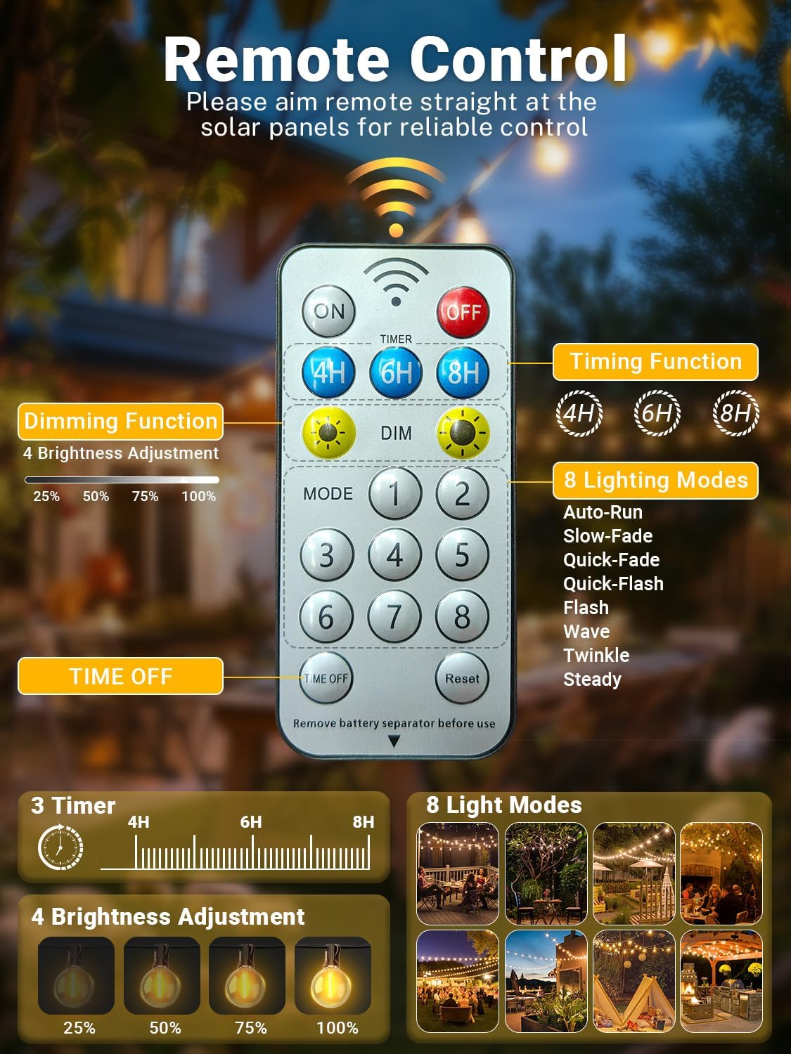 Guirlande Solaire Extérieure - 15m - 21 ampoules G40, 8 modes, IP44