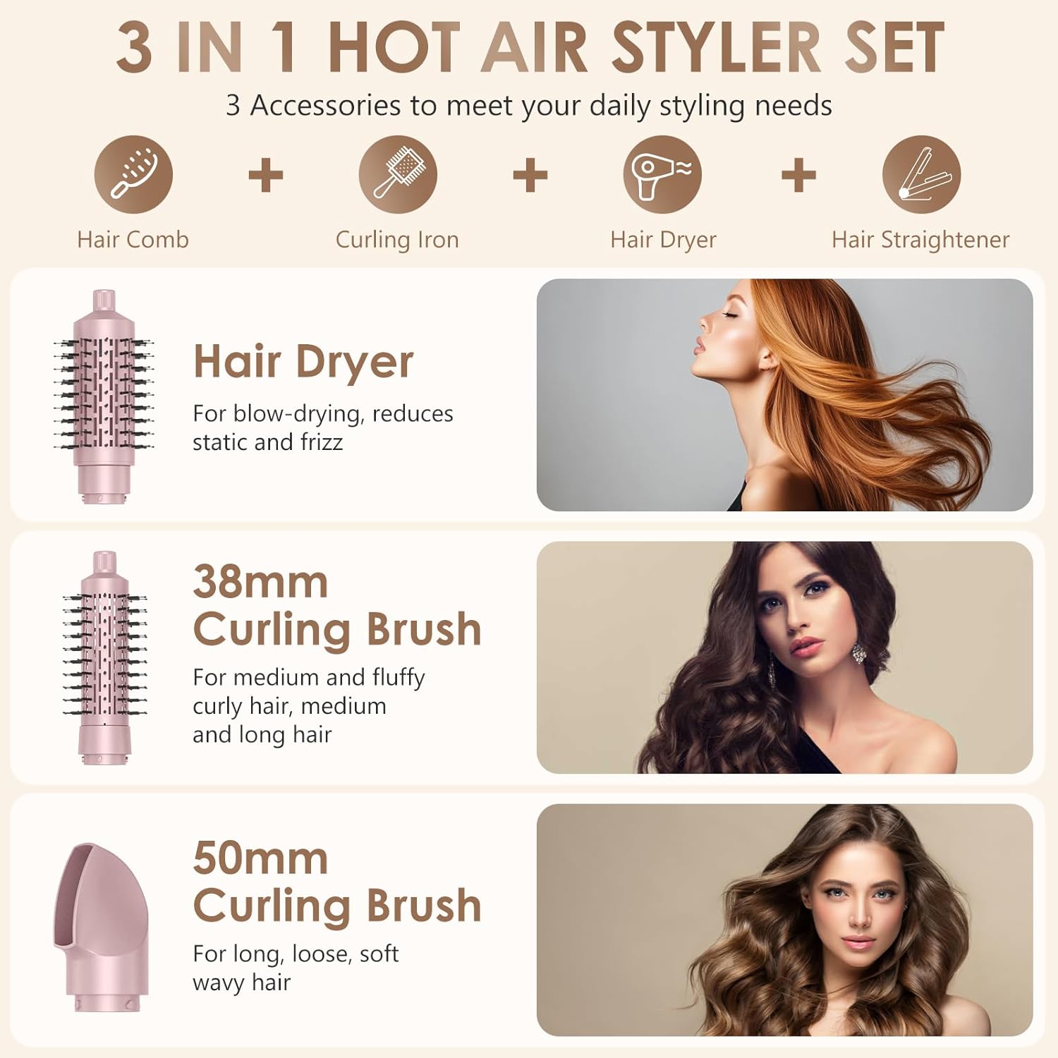 Brosse soufflante 3-en-1 - 800W - 38/50mm - ionique, 2 vitesses, 2 températures