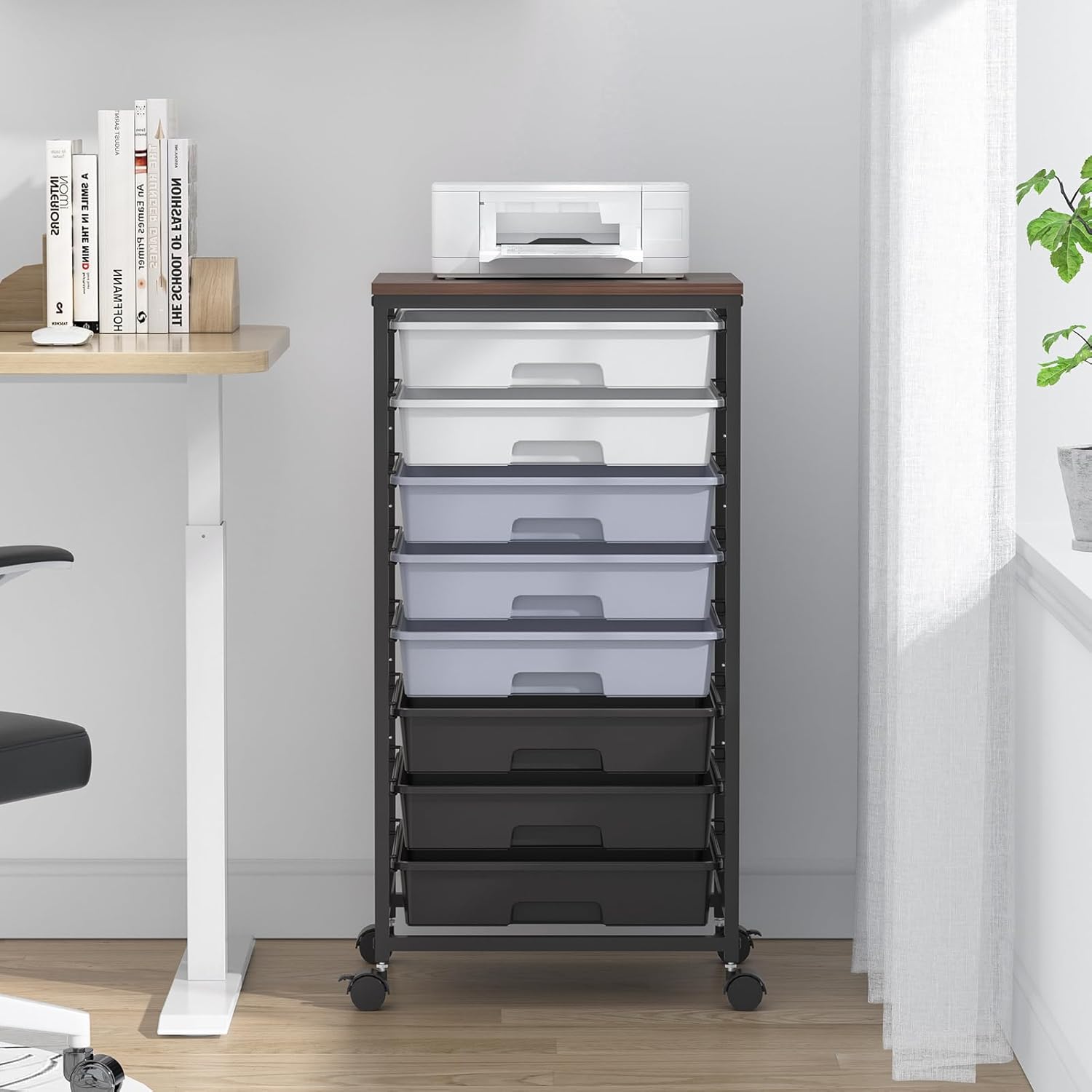 Chariot de salle de bain - 8 tiroirs, roulettes, plateau bois, grande capacité, gris