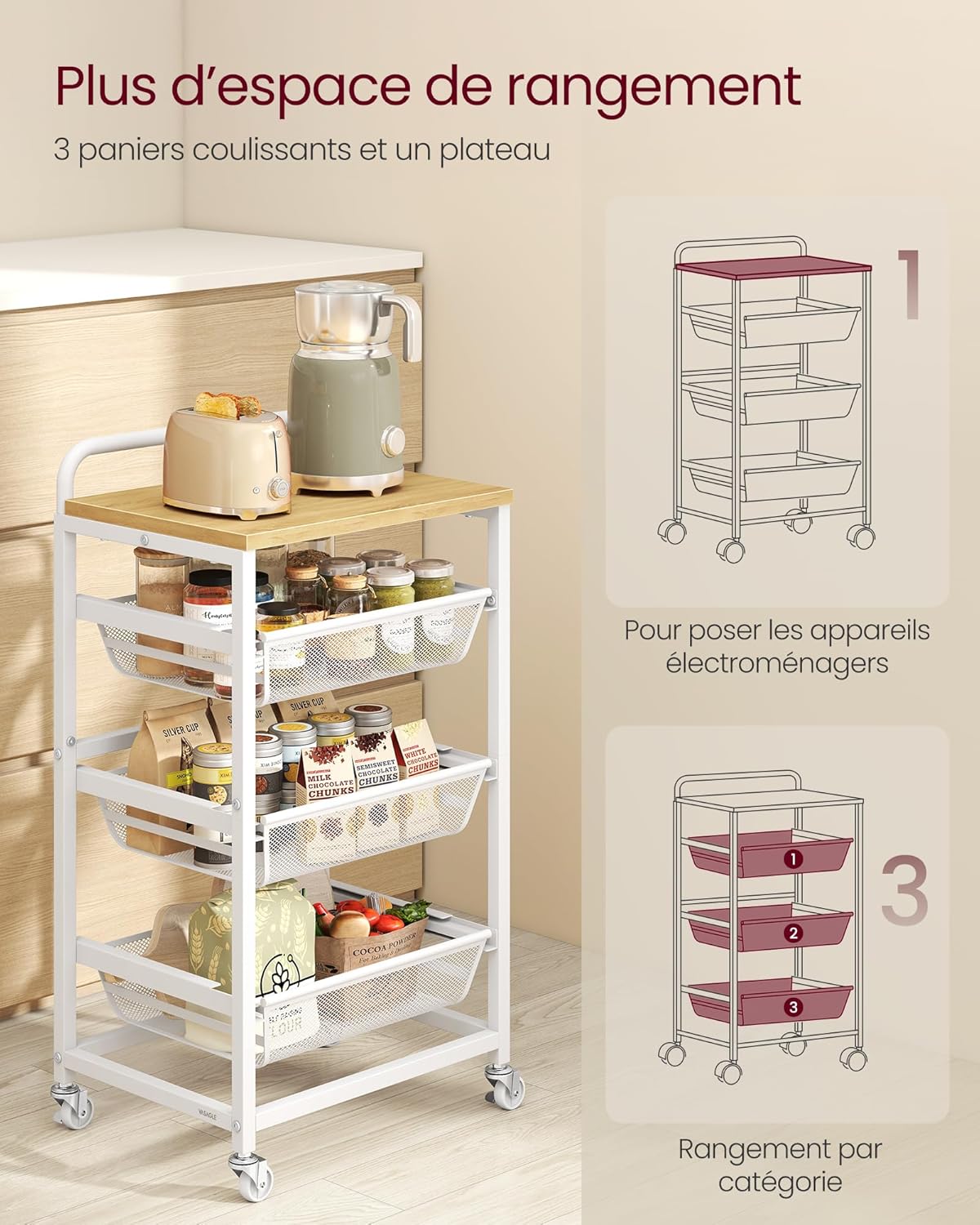 VASAGLE - chariot 4 niveaux, 31,7x40x76cm, paniers, roulettes, LRC040Y01