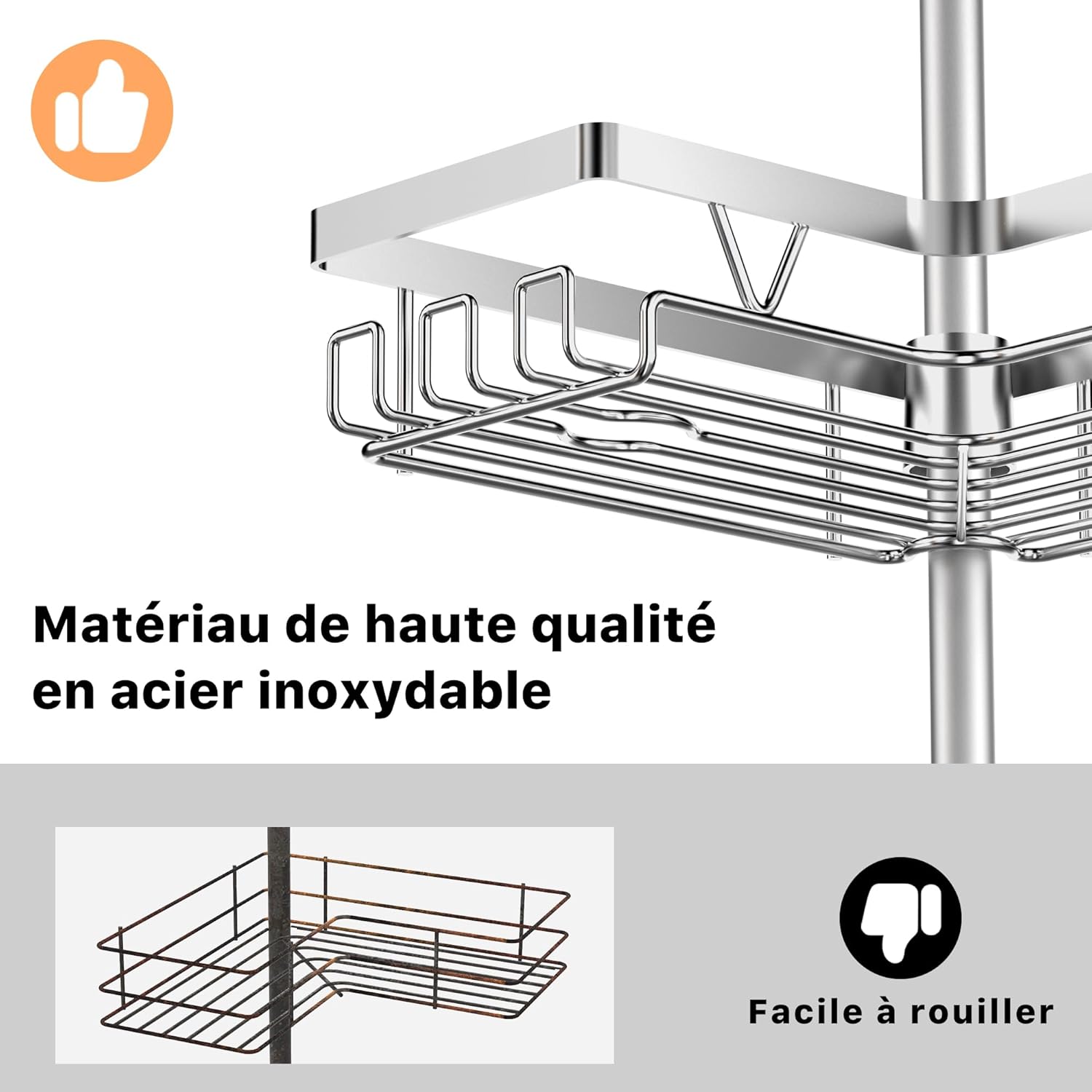 KEGII - étagère douche télescopique - 63,5-290cm - inox, 6 plateaux réglables, argenté, KEGII
