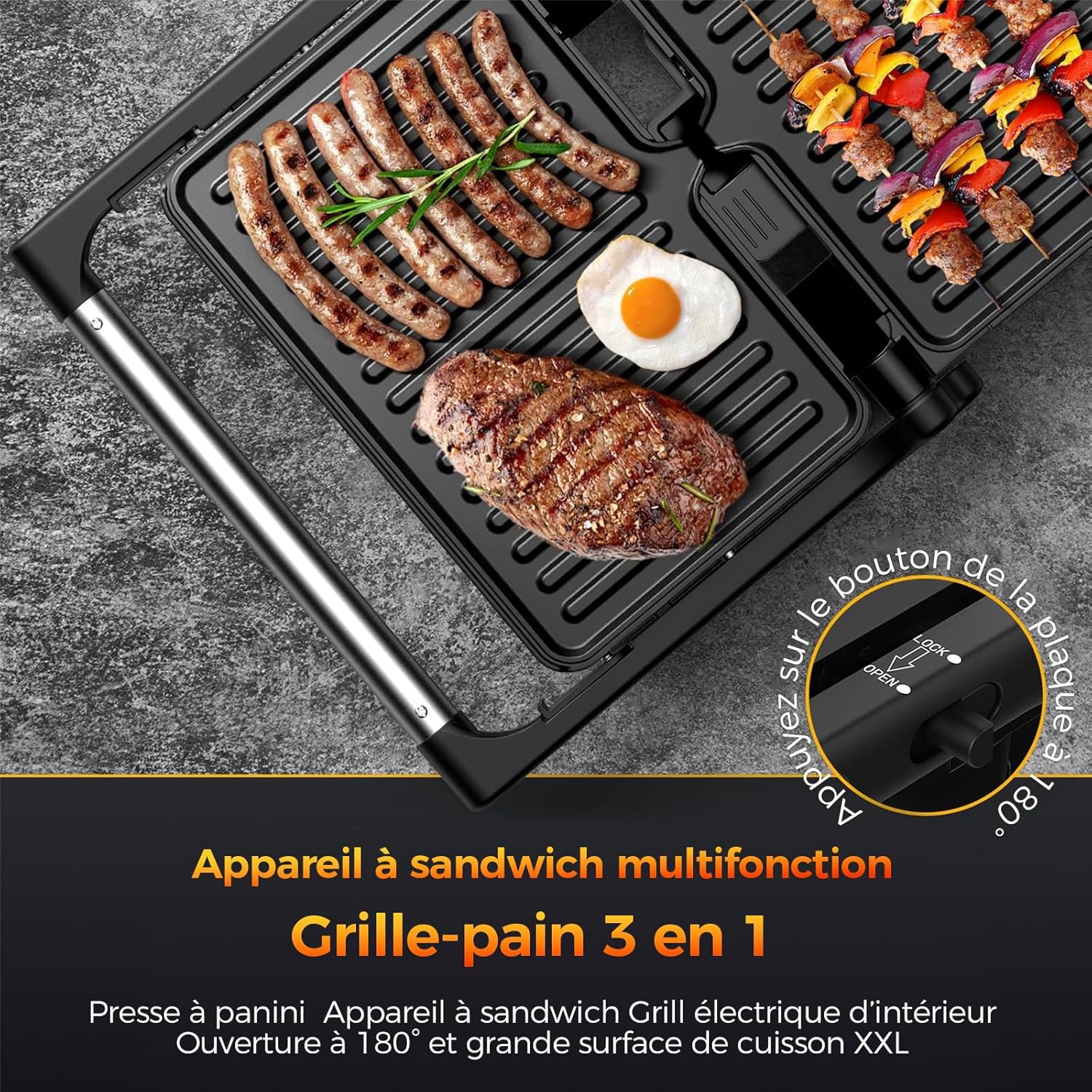 YASHE - Grille-Panini 2 tranches, 1500W, plaques XXL antiadhésives