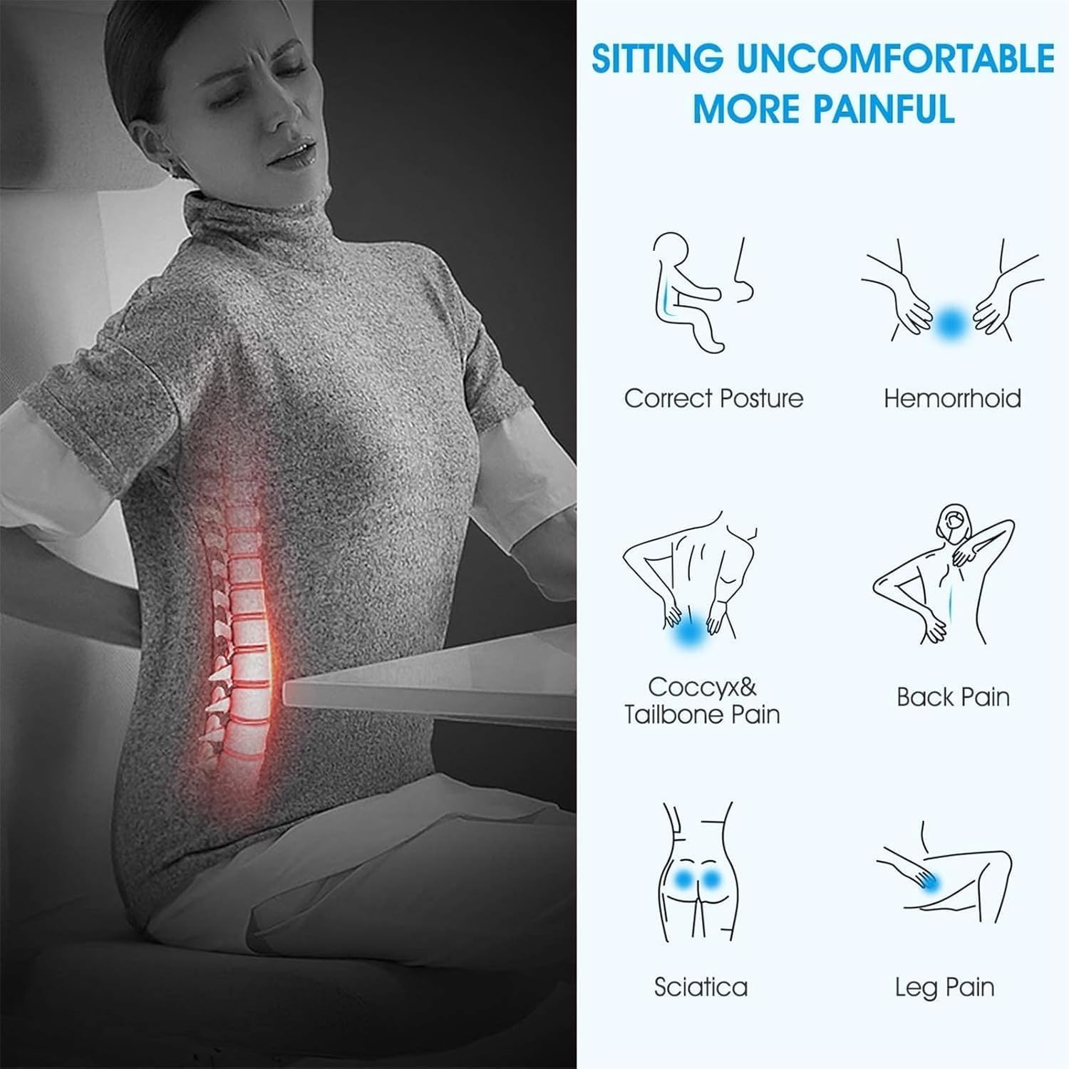 Feagar - Coussin mémoire ergonomique pour assise - noir - soutien coccyx, siège voiture, bureau, fauteuil roulant