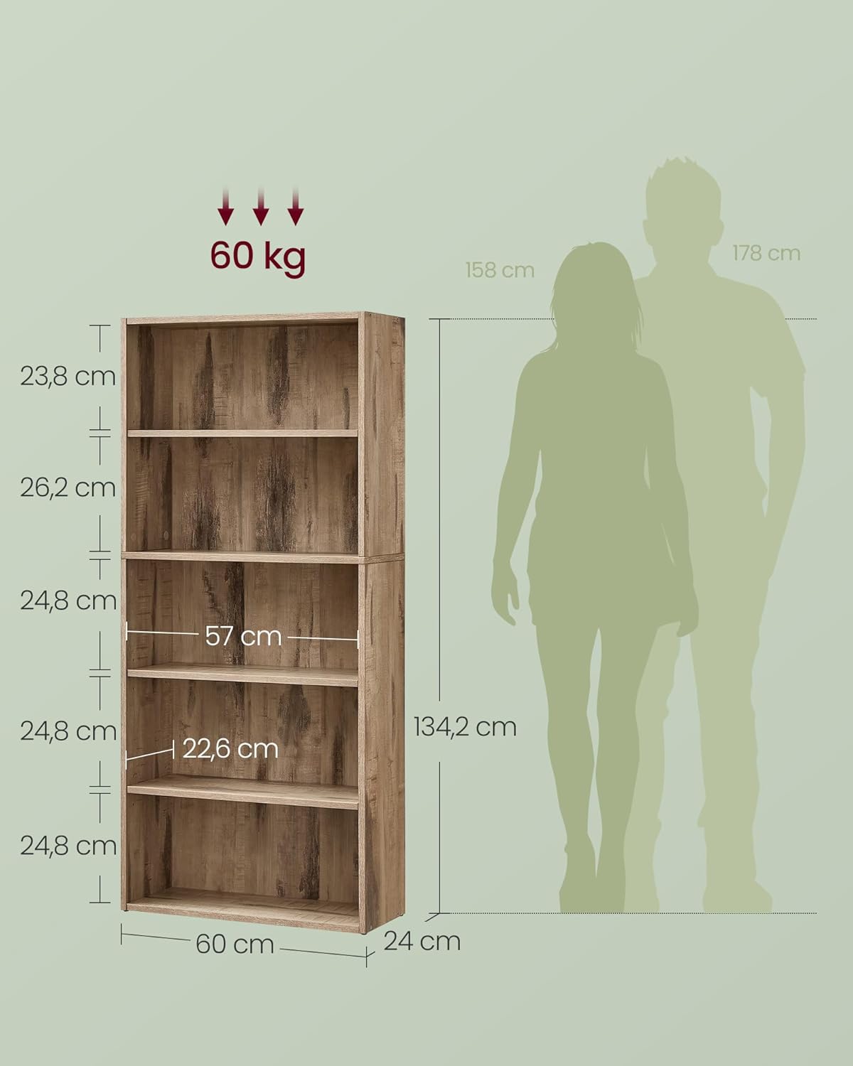 VASAGLE - étagère 5 niveaux - 24x60x134,2 cm - rangement ouvert - LBC165T50