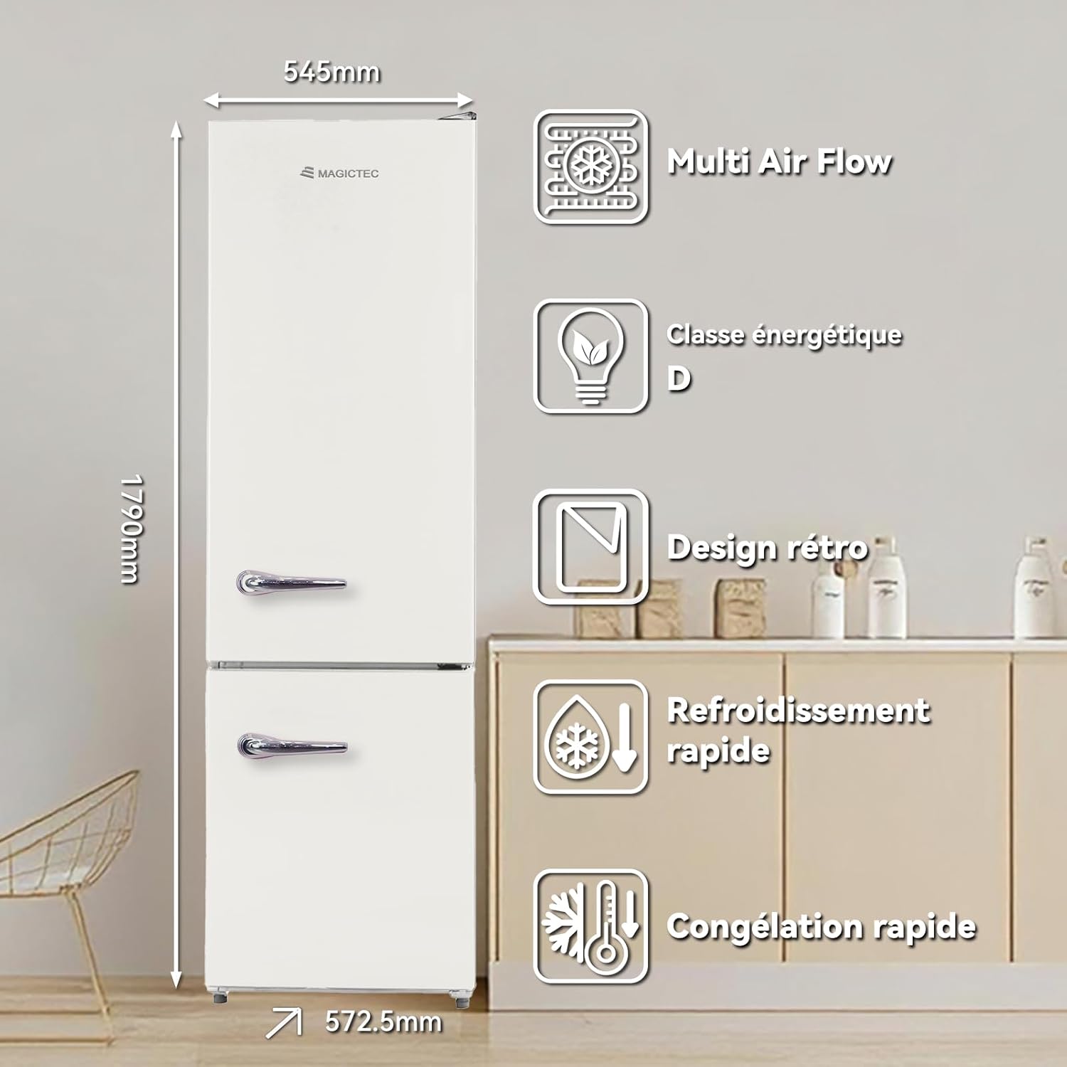 magictec - réfrigérateur vintage 179cm, 236L, No Frost, alarme, crème