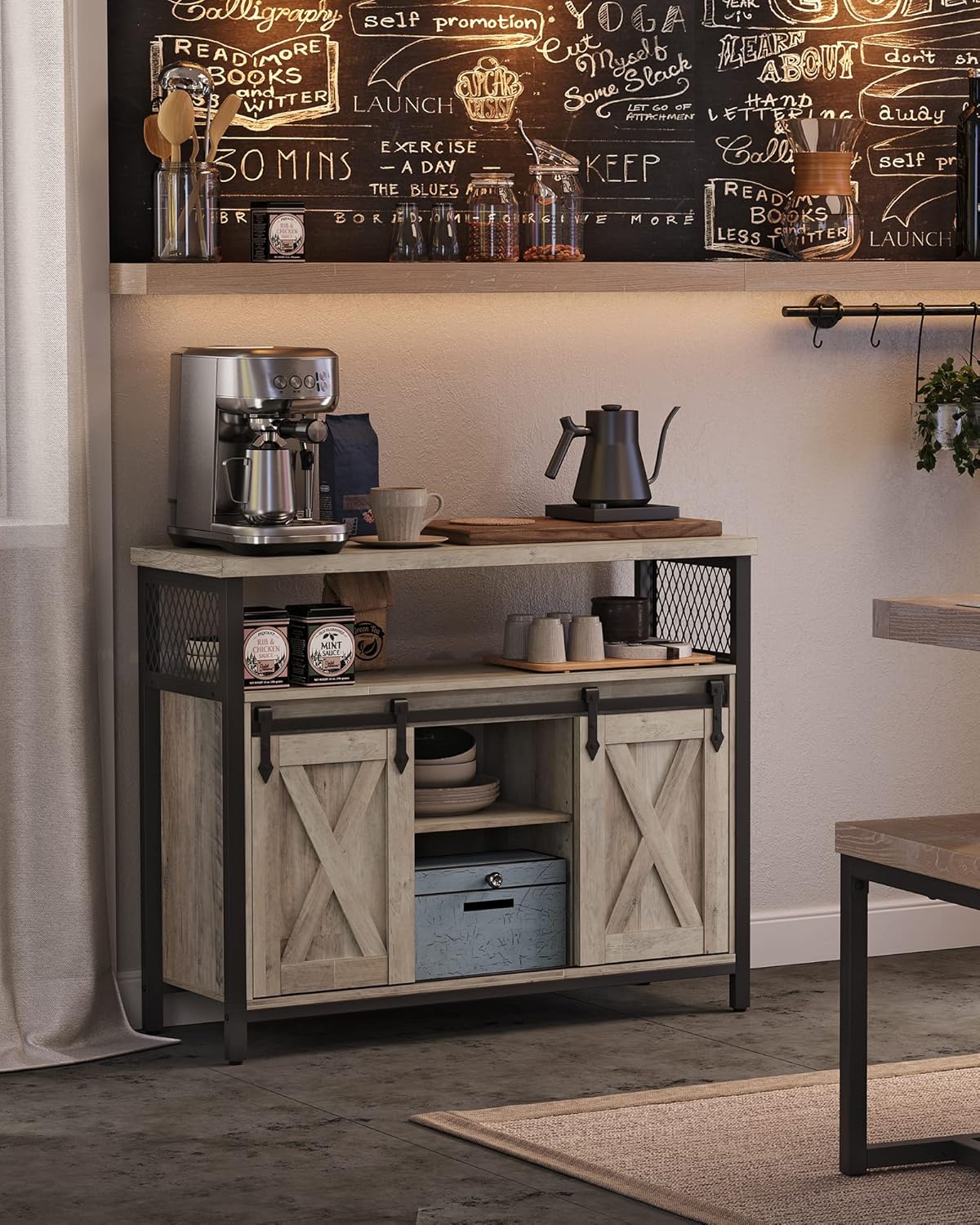 VASAGLE - buffet rangement cuisine - 100x33x80 cm - 2 portes coulissantes, étagères réglables, grège/noir - LSC092B02