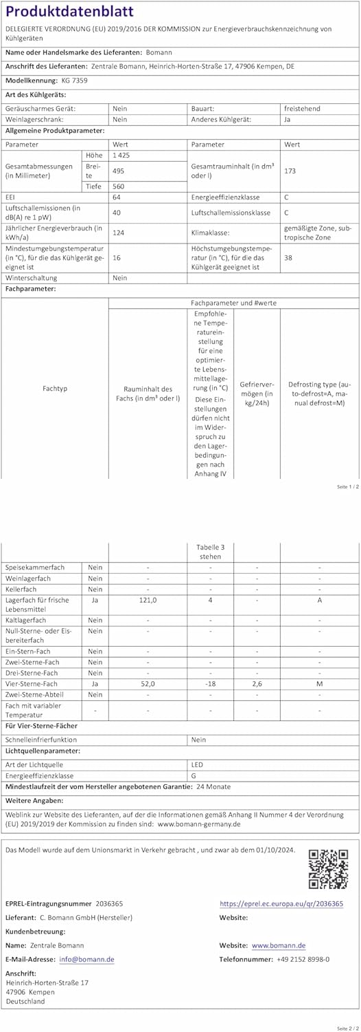 Bomann - Réfrigérateur congélateur 173L, éclairage LED, bac légumes, KG7359