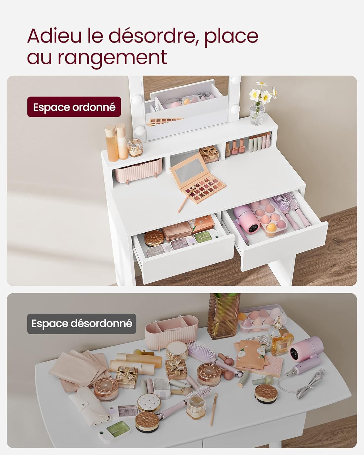 VASAGLE - Kailyn Collection - 80 cm - Coiffeuse miroir lumière, tabouret, rangements, RDT714W01