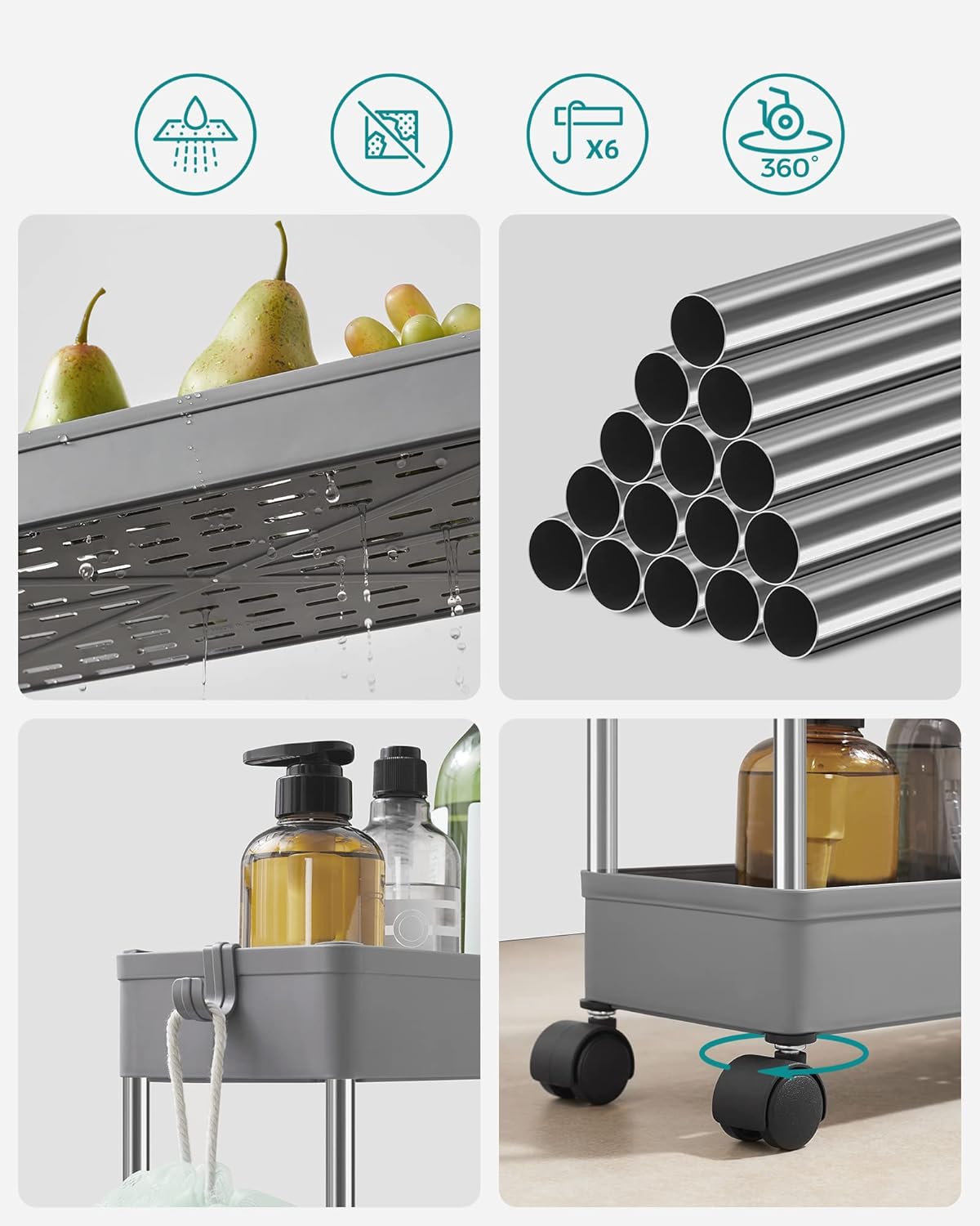 SONGMICS - chariot de cuisine 3 niveaux, acier, 14,4x42x60,6cm, 6 crochets, KSC007G01