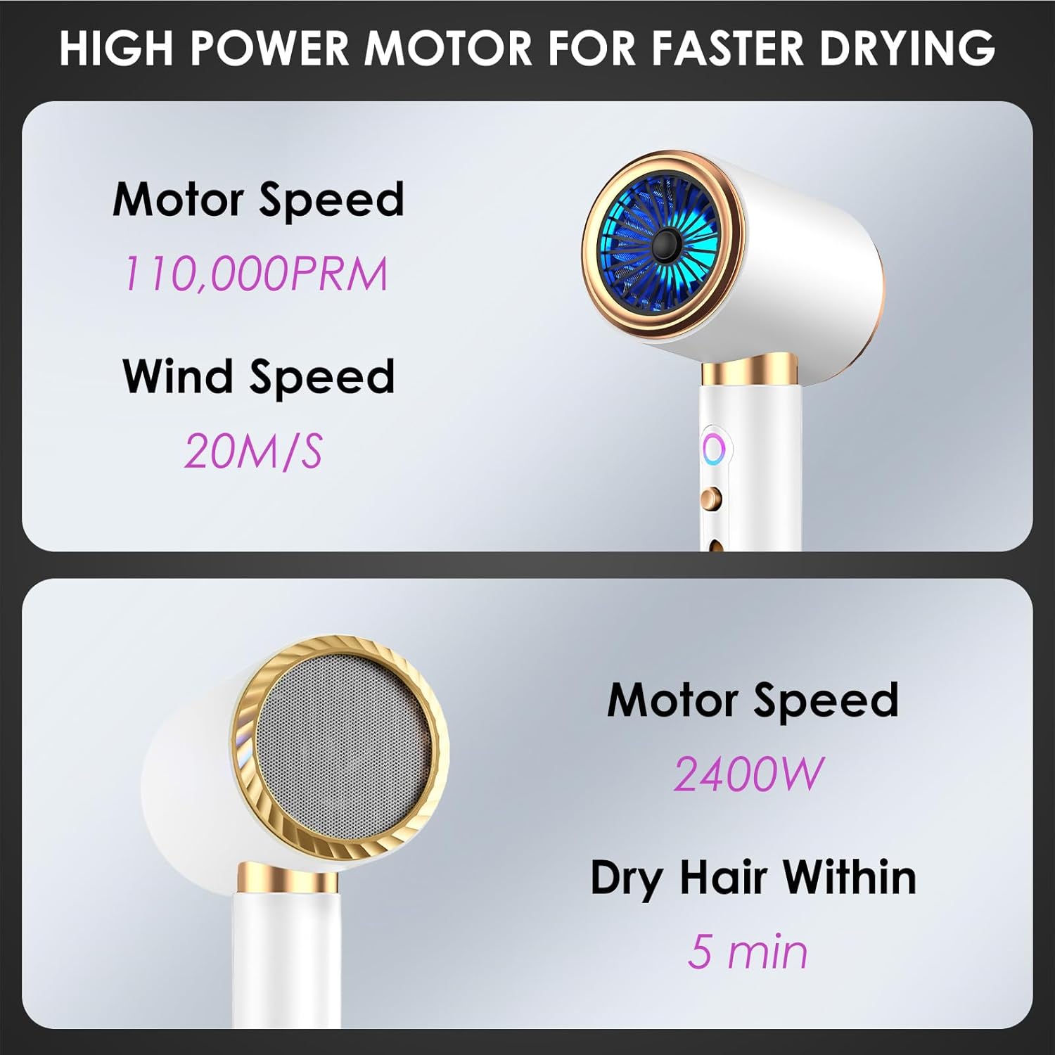 Sèche-cheveux - 2400W, ionique, 3 températures, diffuseur, accessoires