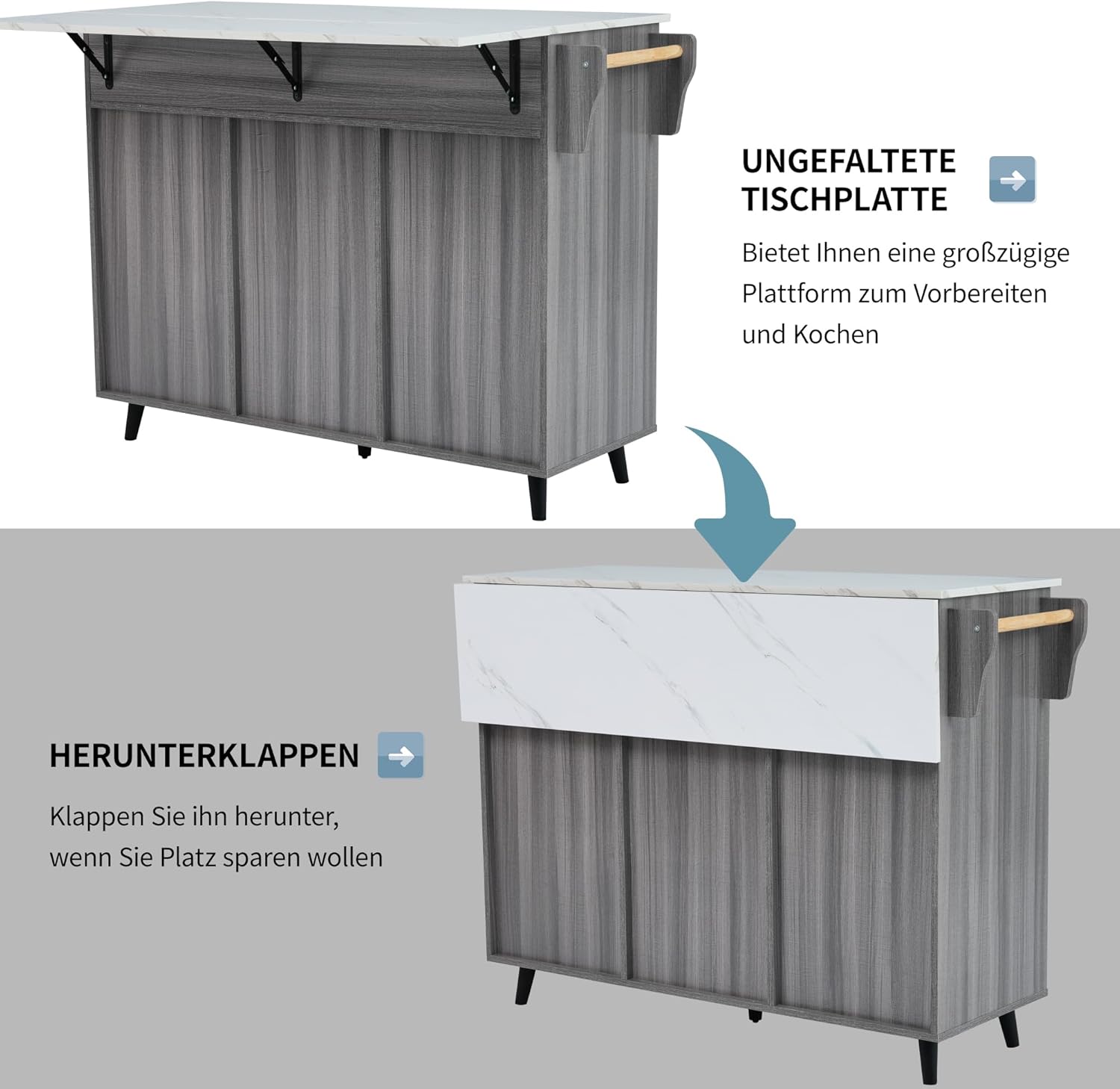 Desserte de Cuisine - plans rabattables, 2 tiroirs, 3 portes, 129x71x91,5 cm