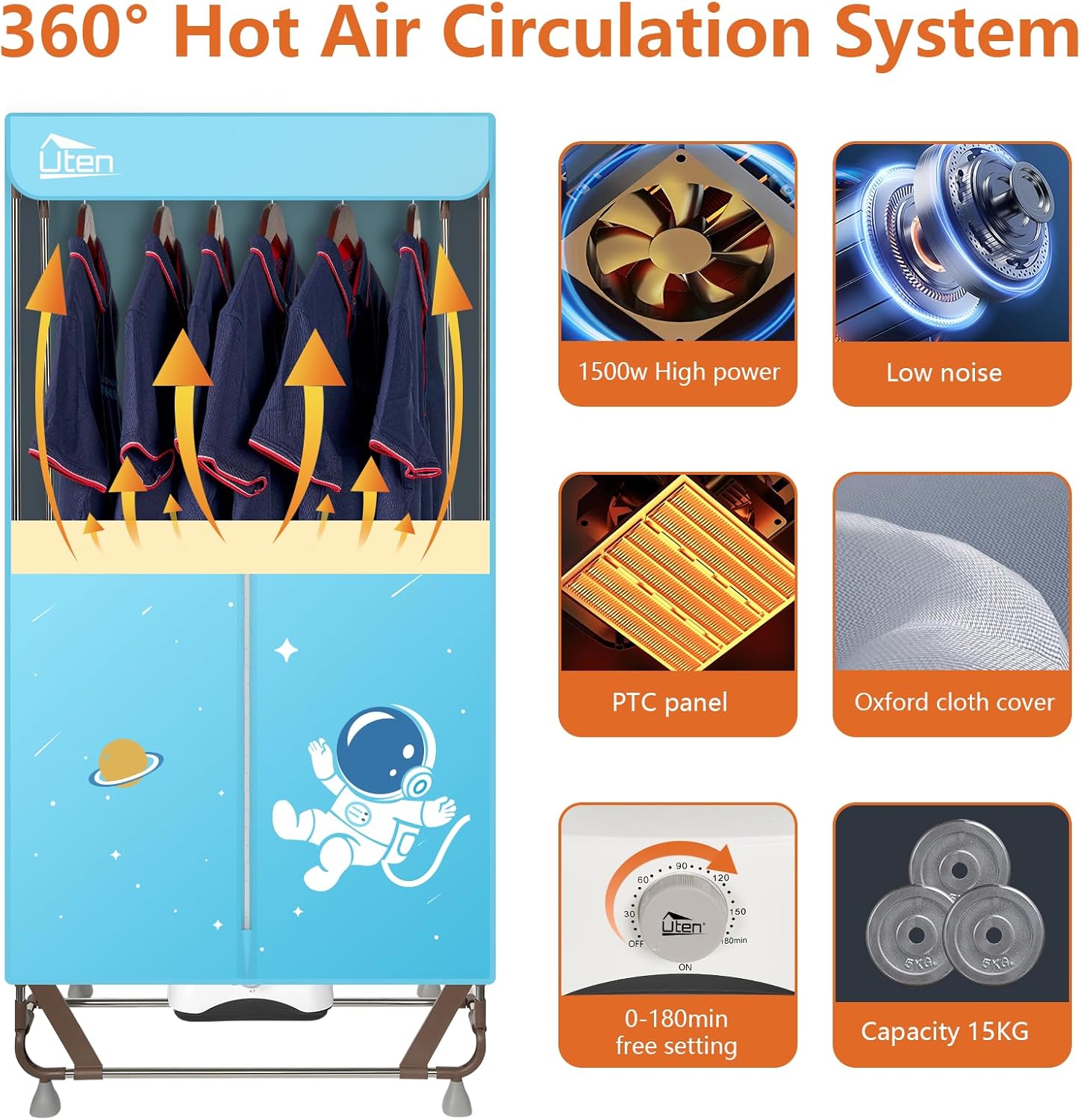 Séchoir électrique pliable - 15kg - 1500W séchage rapide, rangement compact