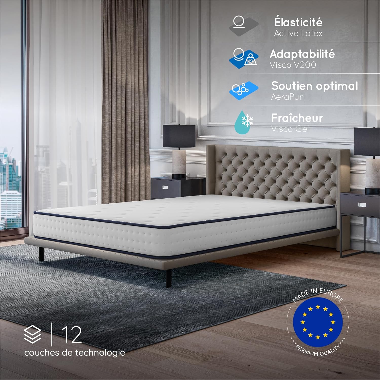 COSMOS - Upsilon 140x200 - matelas mémoire de forme, latex, 21cm, 7 zones, réversible