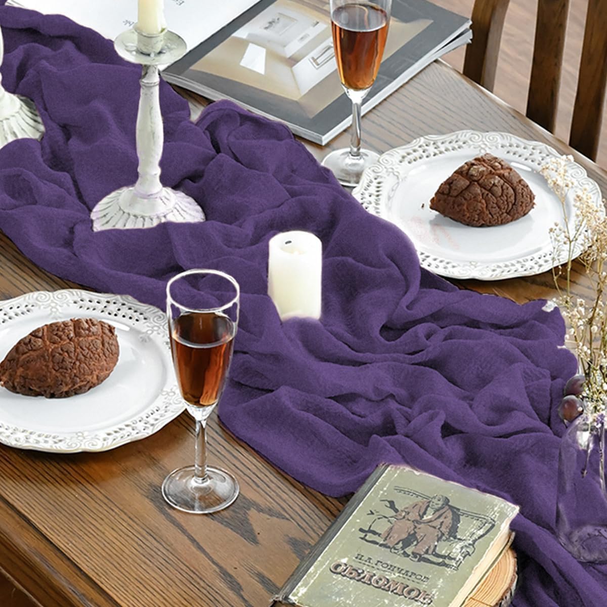 Artoid Mode - Chemins de Table Bohême - 300 cm - gaze mousseline violet, déco mariage/anniversaire