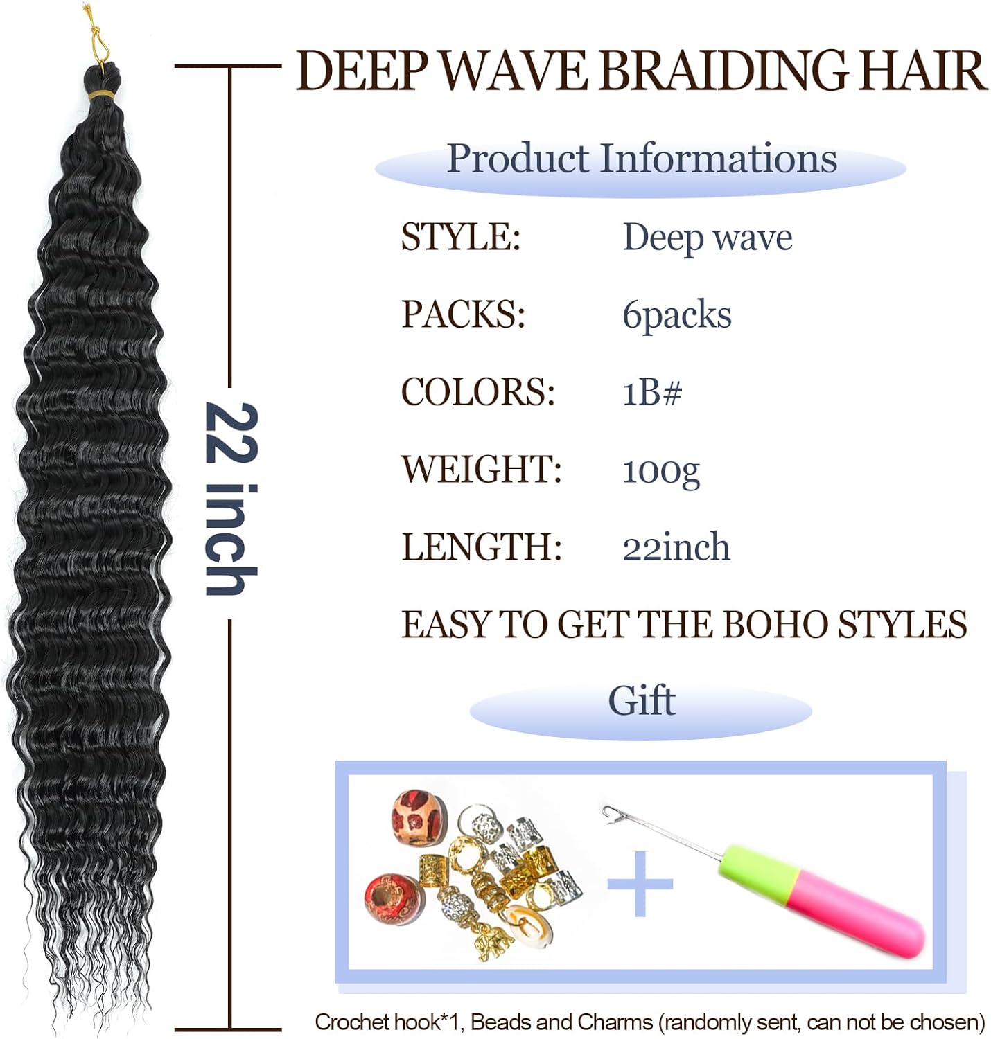 Extensions cheveux - Ocean Wave Deep Wave - 22 pouces - lot de 6, synthétique bouclé