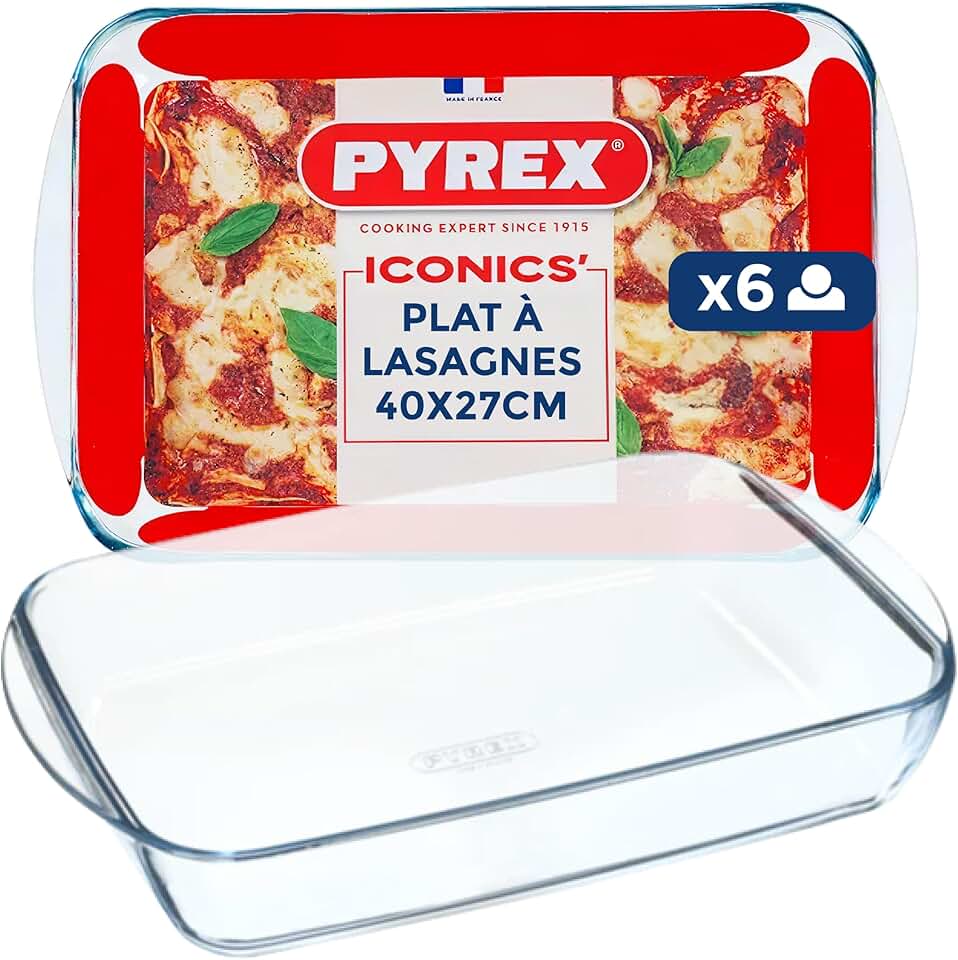 Pyrex - Plat à four rectangulaire 3,7L - verre borosilicate, poignées larges, spécial lasagnes