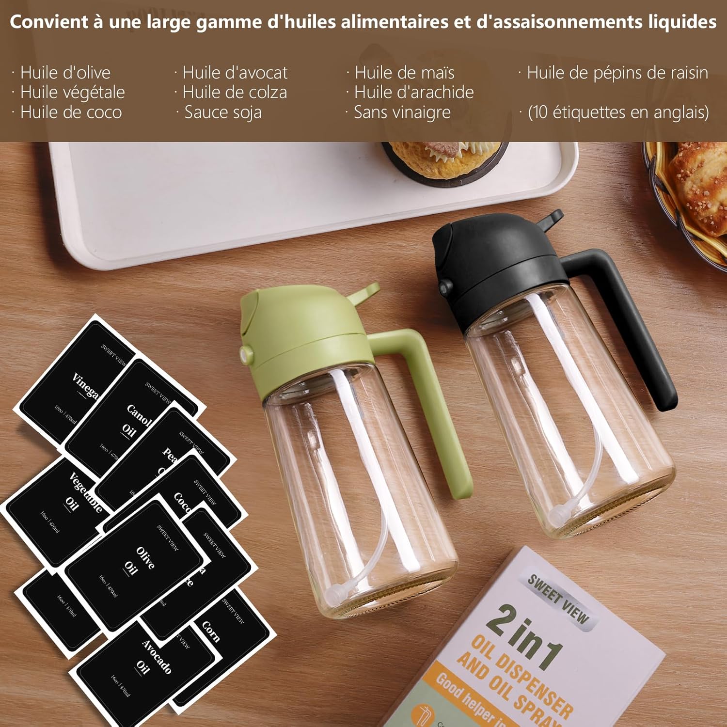 Vaporisateurs d'huile en verre 470ml 2en1 cuisine airfryer salad BBQ